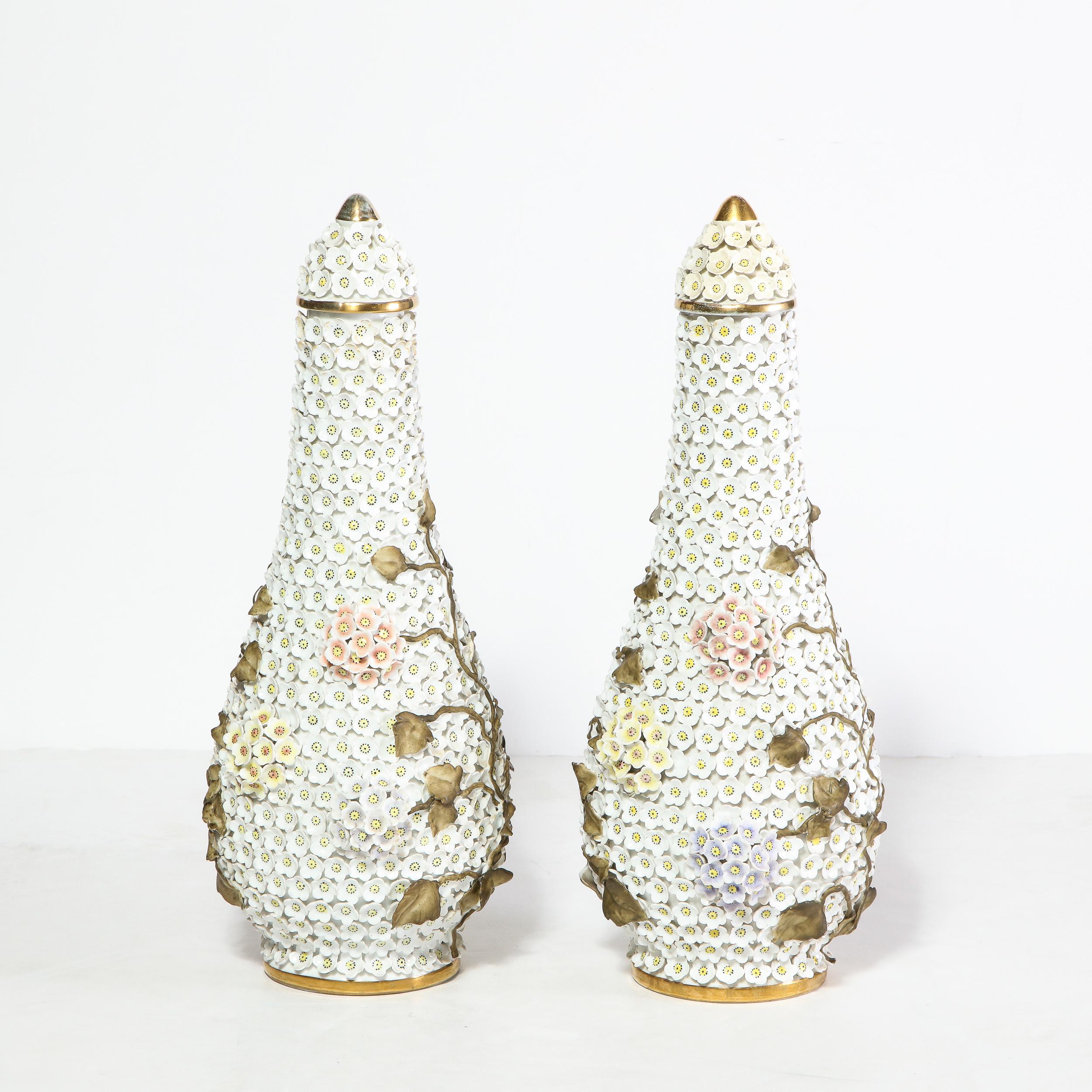 Hand-Painted Pair of Handpainted Lidded Snowballen Vases with Gilt accents & Floral Appliques