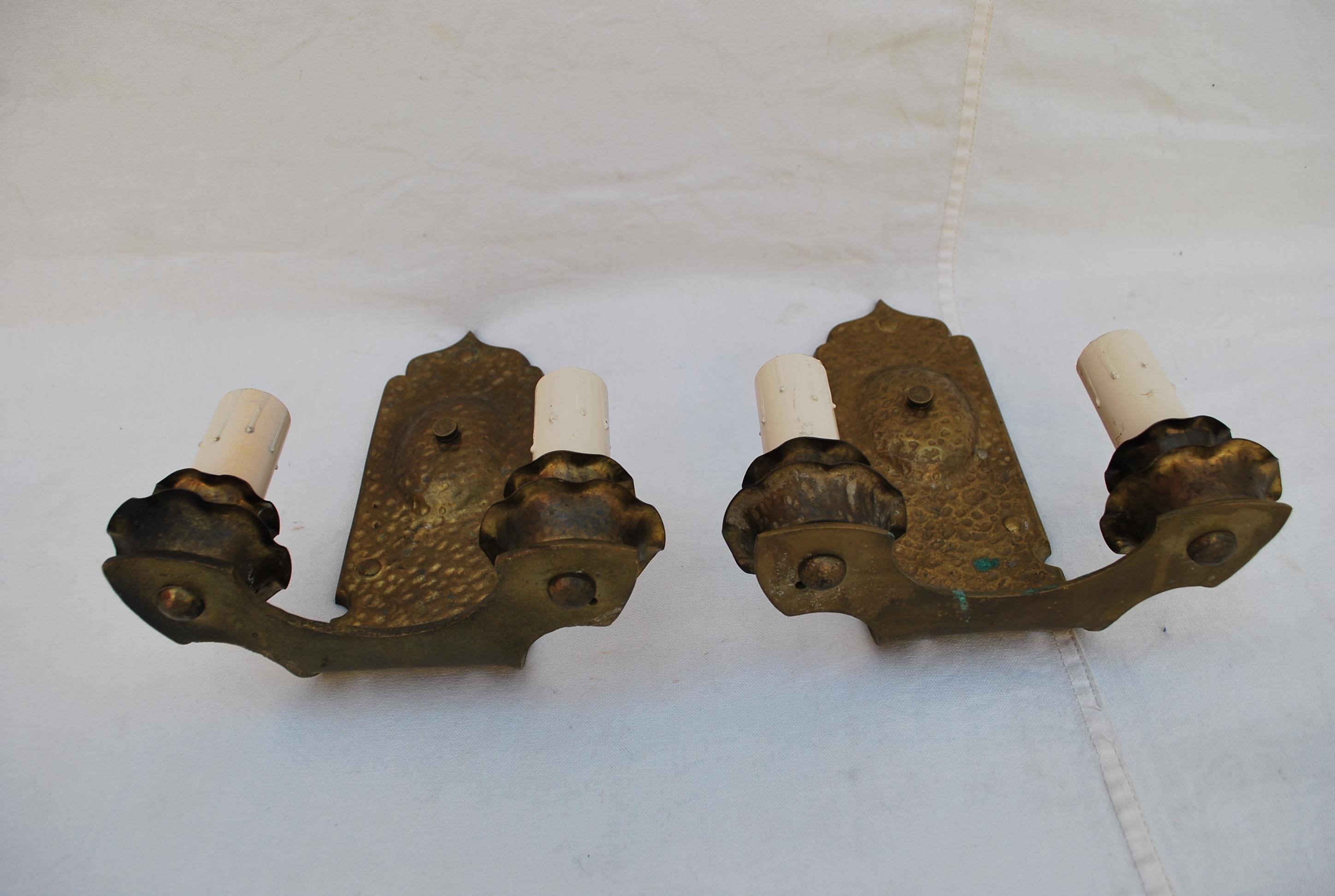 American Pair of hands  hammered  turn of the century solid brass sconces For Sale