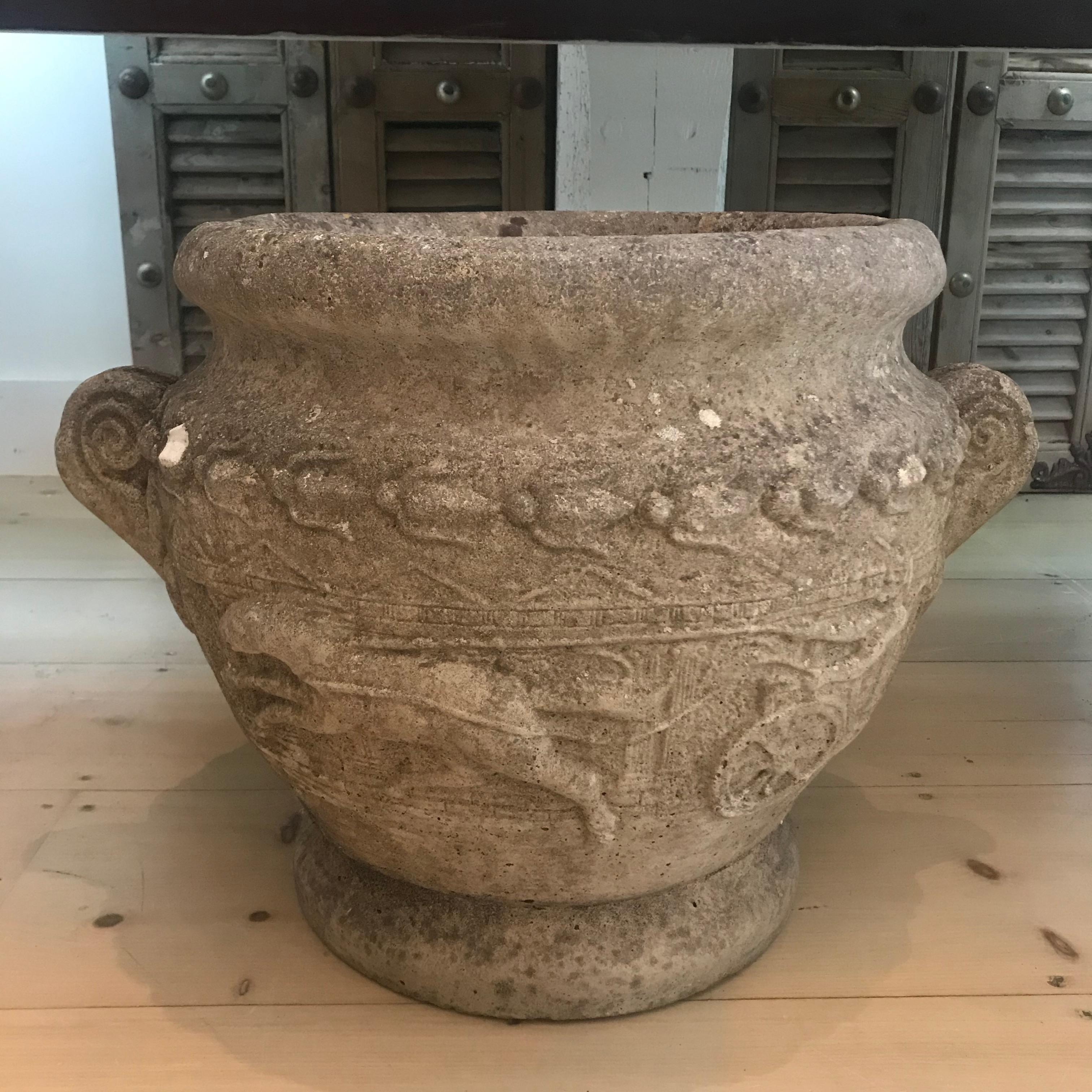 This pair of early 19th century stone urns were discovered in Bordeaux, France. The exquisite carvings on the sides depict a Roman chariot and horse scene. This urn would make a great garden planter or unique entryway piece.
Measures: Width
