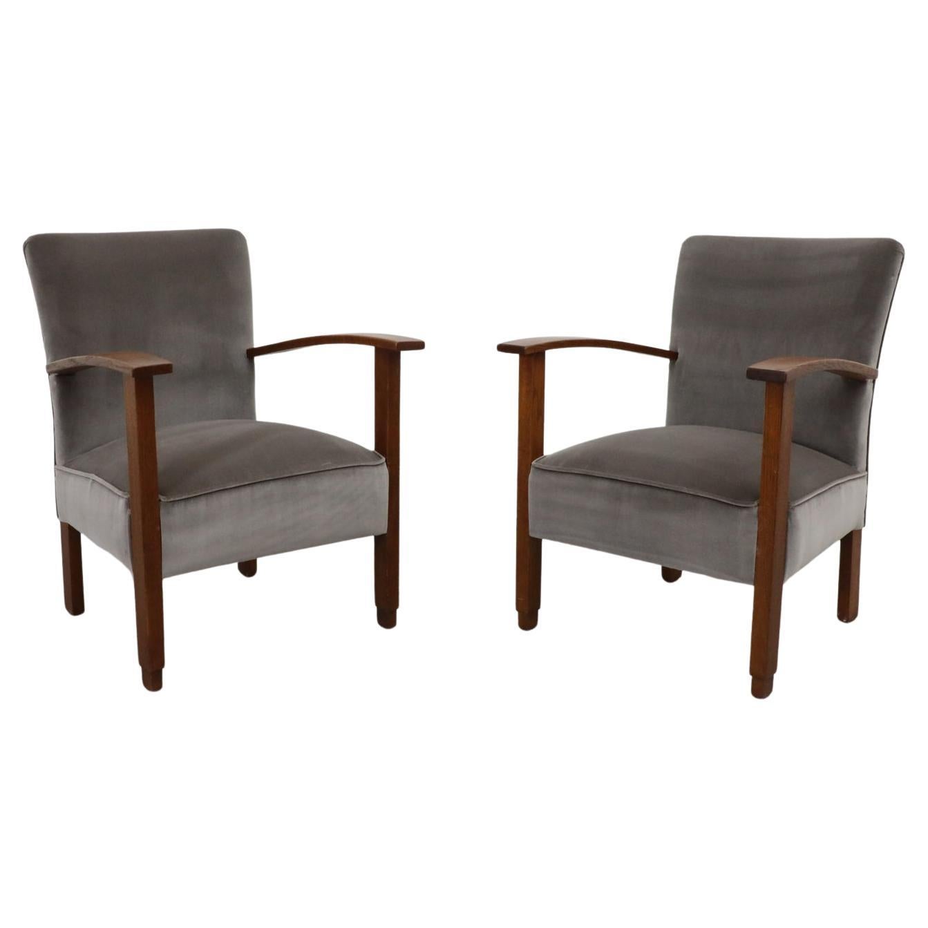 Paire de belles chaises longues Art Déco hollandaises en velours gris sceau