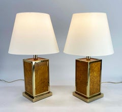 Pair of Handsome Italian Burl Wood and Brass Table Lamps