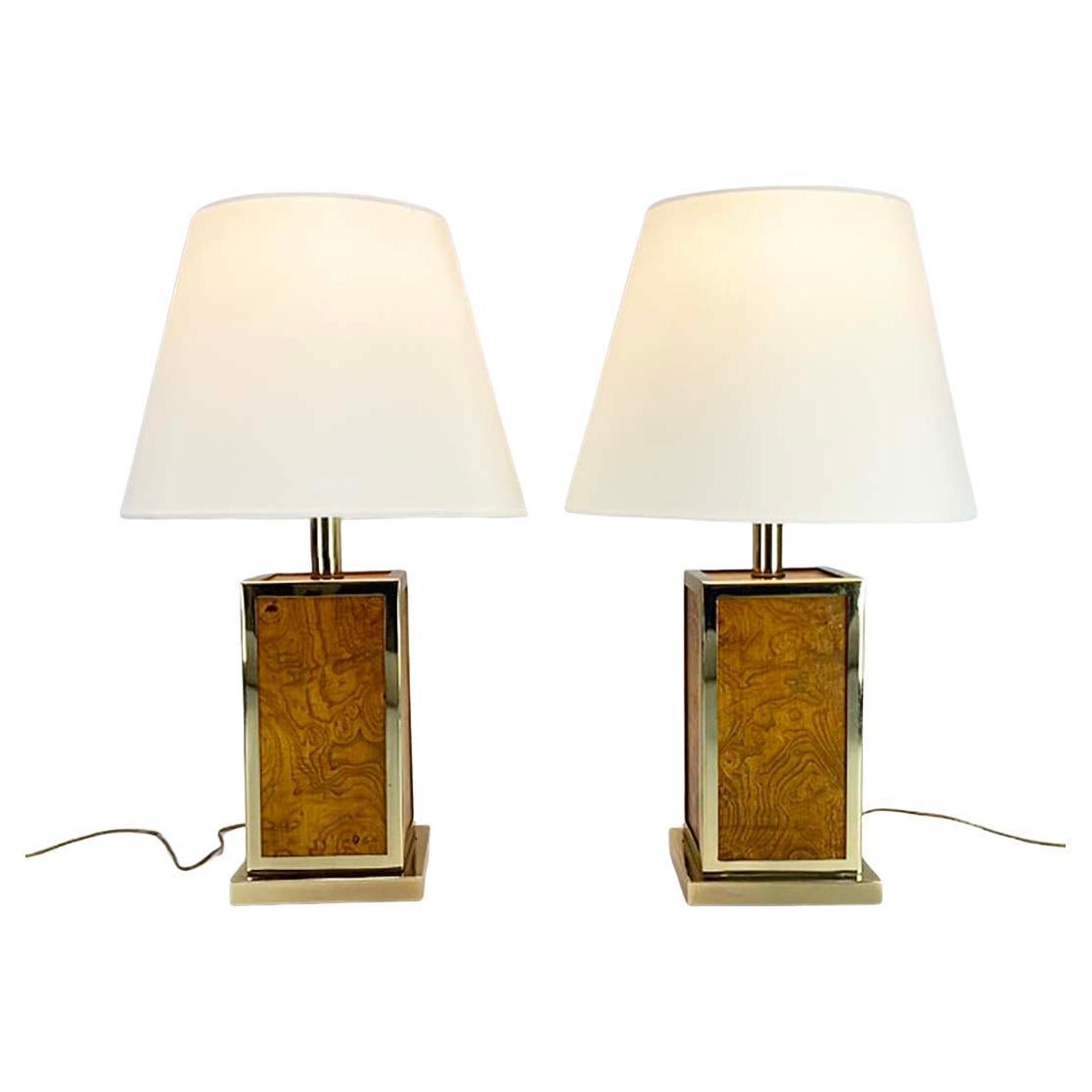 Pair of Handsome Italian Burl Wood and Brass Table Lamps