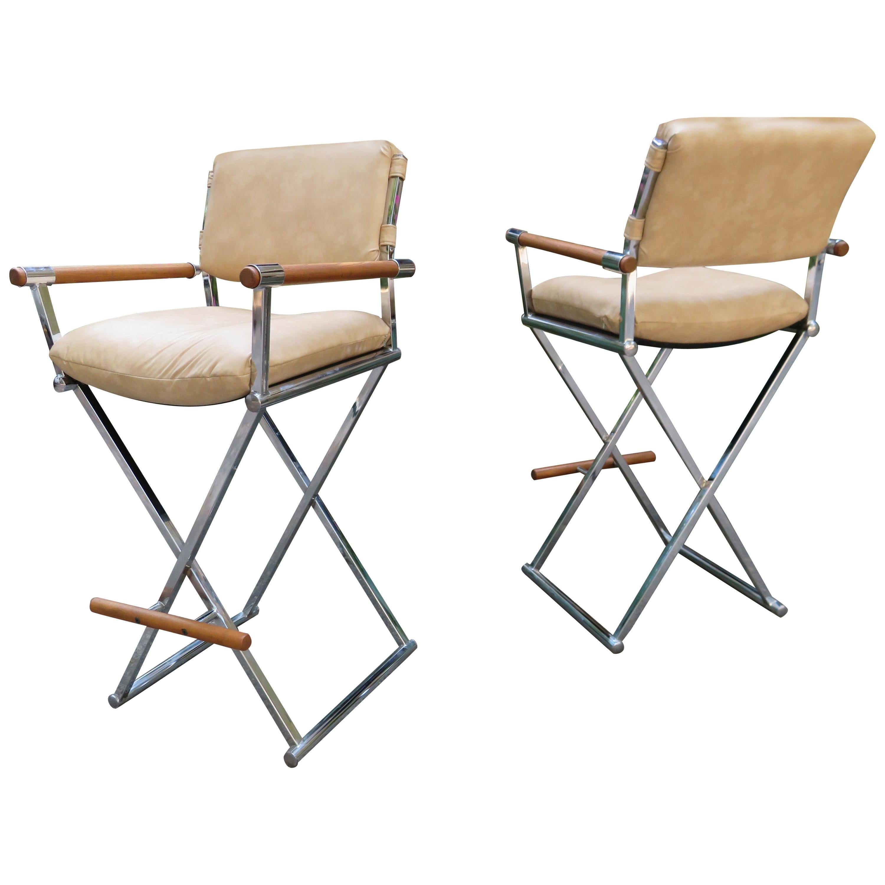 Pair of Handsome Milo Baughman Style Chrome Directors Chair Bar Stools