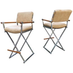 Retro Pair of Handsome Milo Baughman Style Chrome Directors Chair Bar Stools