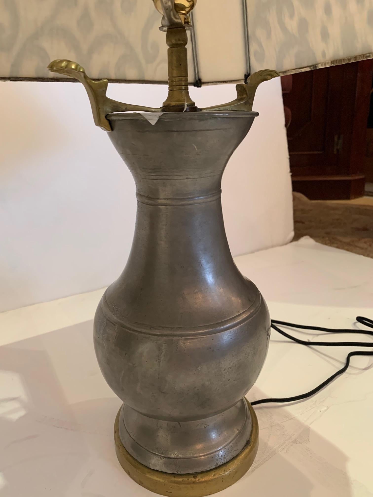 Pair of Handsome Pewter and Brass Table Lamps with Custom Shades In Excellent Condition For Sale In Hopewell, NJ