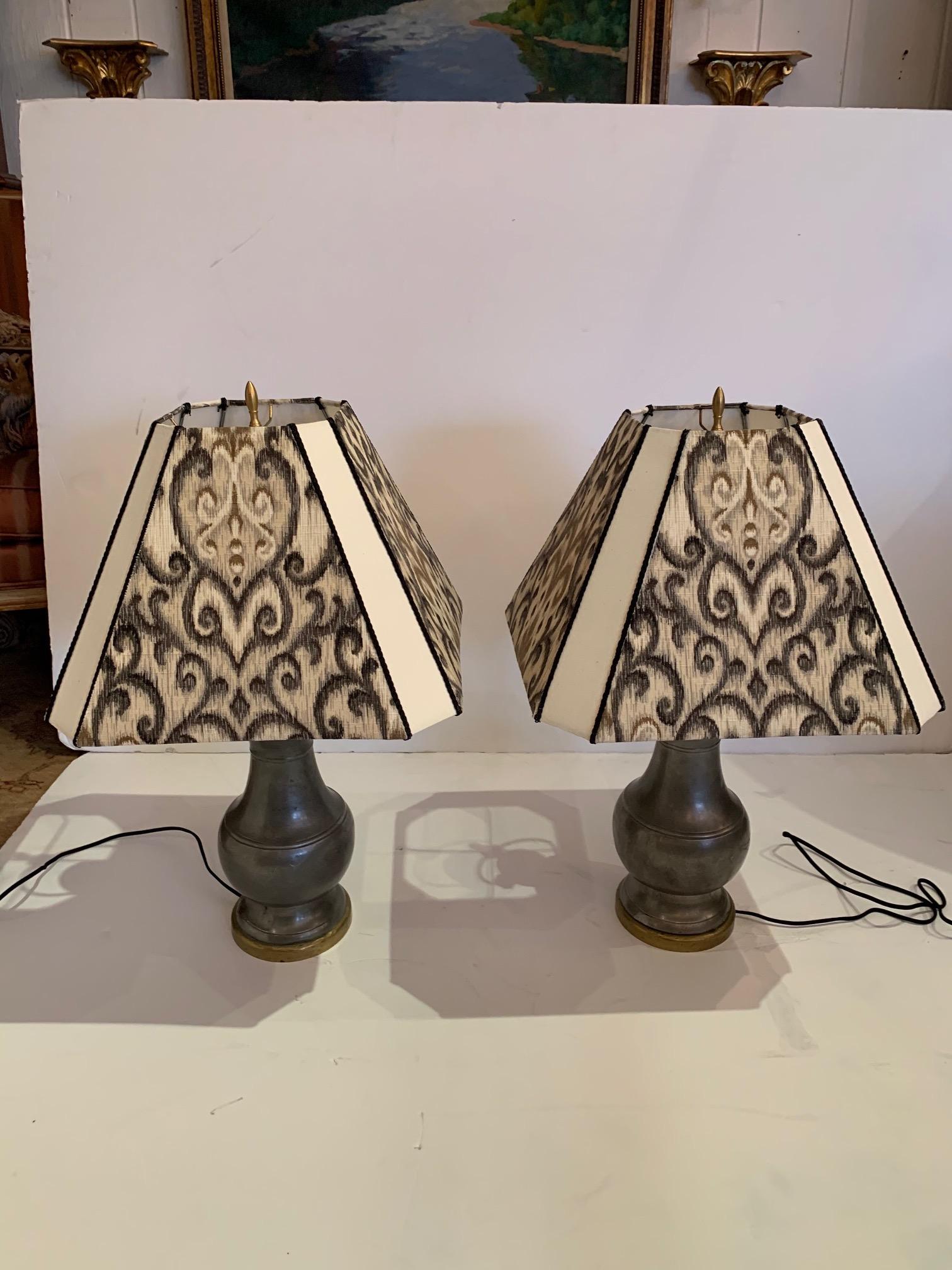 Pair of Handsome Pewter and Brass Table Lamps with Custom Shades For Sale 2
