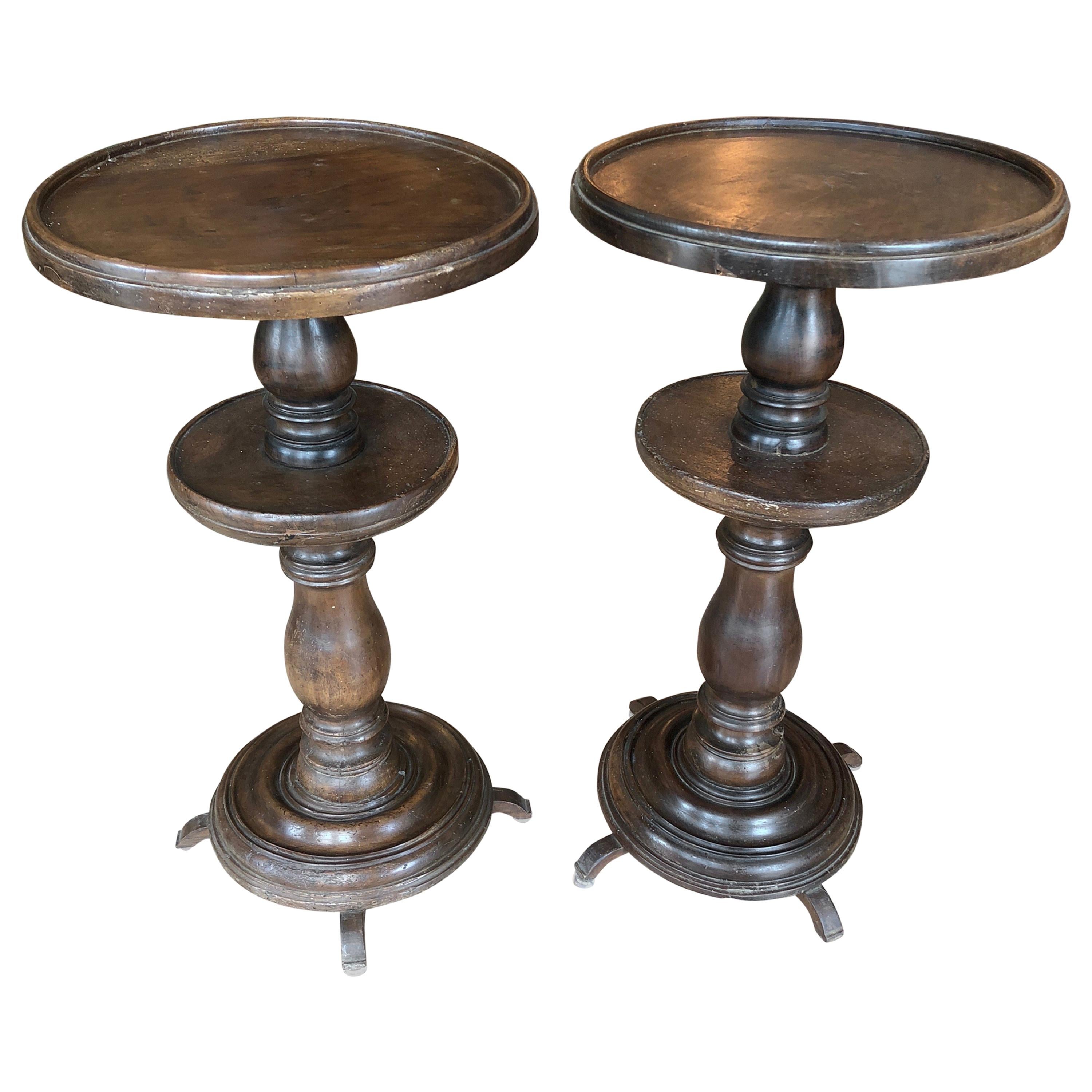 Pair of Handsome Very Unusual French Walnut Turned Side Tables Pedestals