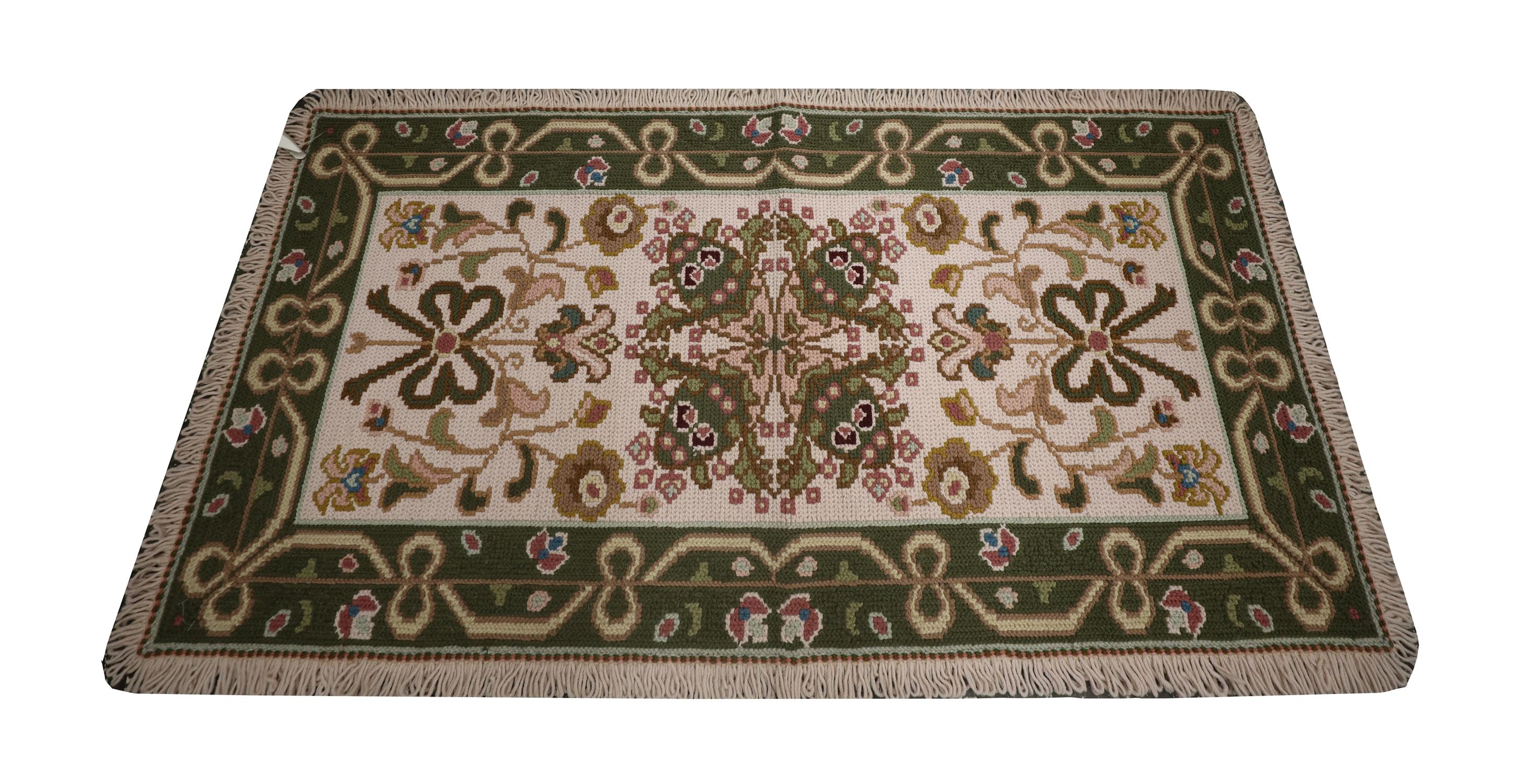 Country Pair of Handwoven Carpet Portuguese Needlepoint Rugs Wool Floral Rugs 65x135cm For Sale
