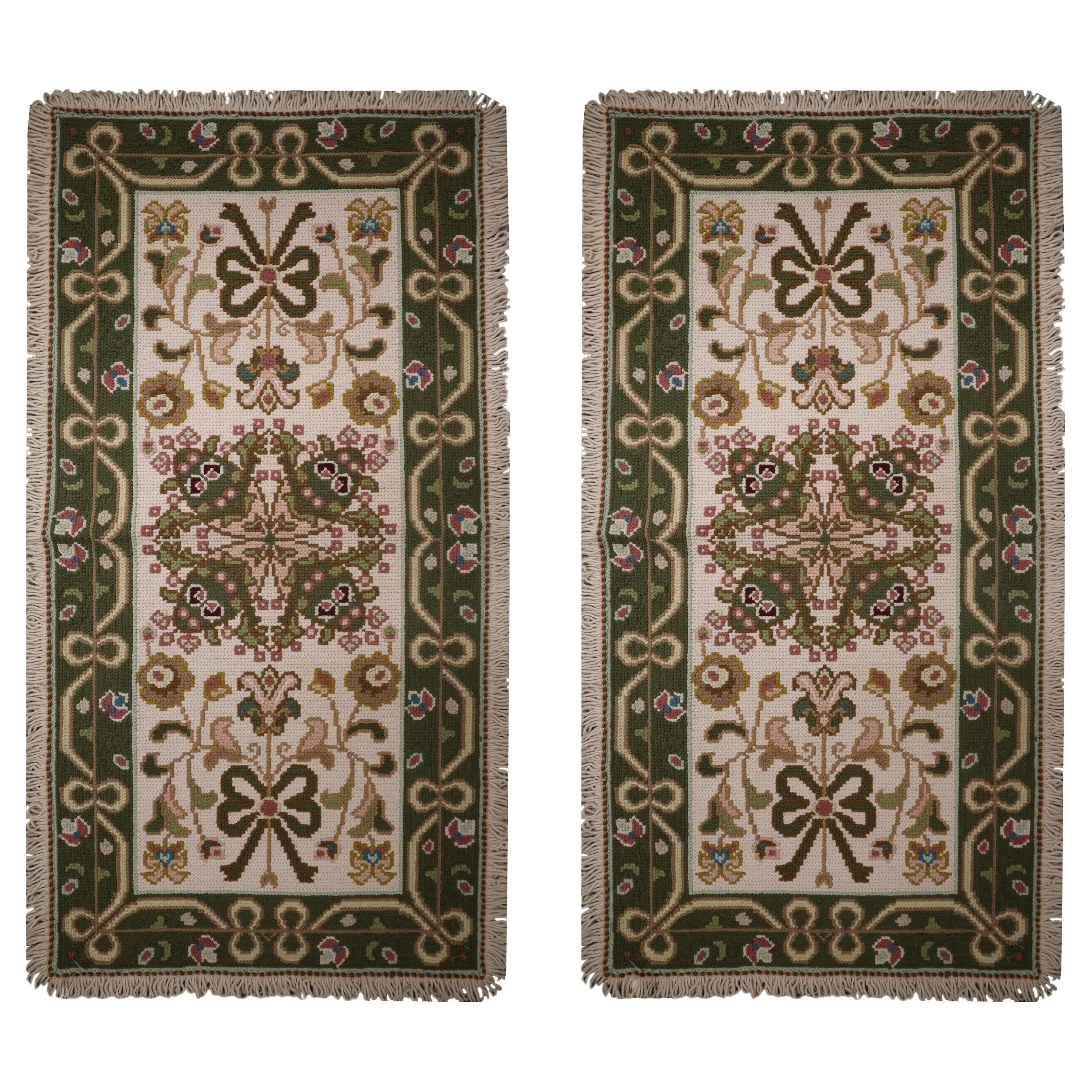 Pair of Handwoven Carpet Portuguese Needlepoint Rugs Wool Floral Rugs 65x135cm For Sale