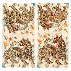 Pair of Handwoven Tan, Orange and Black Tibetan Wool Tiger Area Rugs