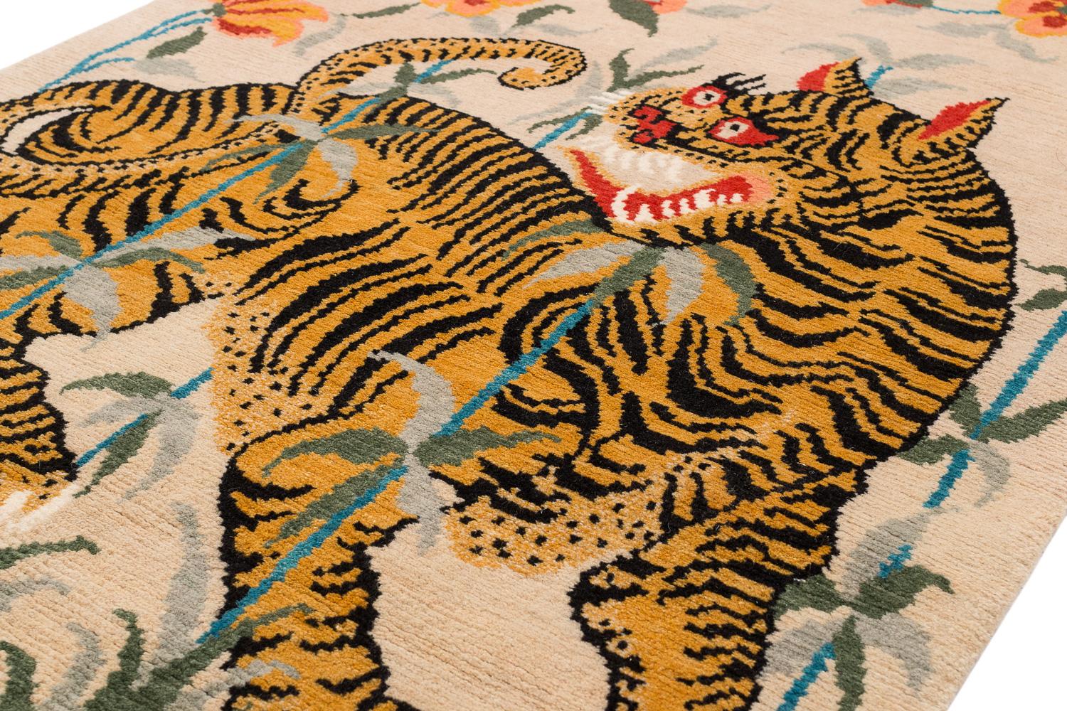 Nepalese Pair of Handwoven Tibetan Wool Tiger Area Rug by Carini