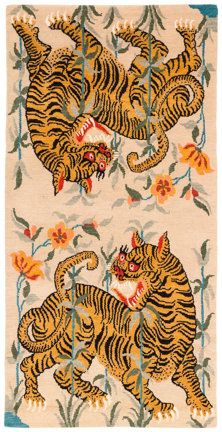 Pair of Handwoven Tibetan Wool Tiger Area Rug by Carini In Excellent Condition In New York, NY