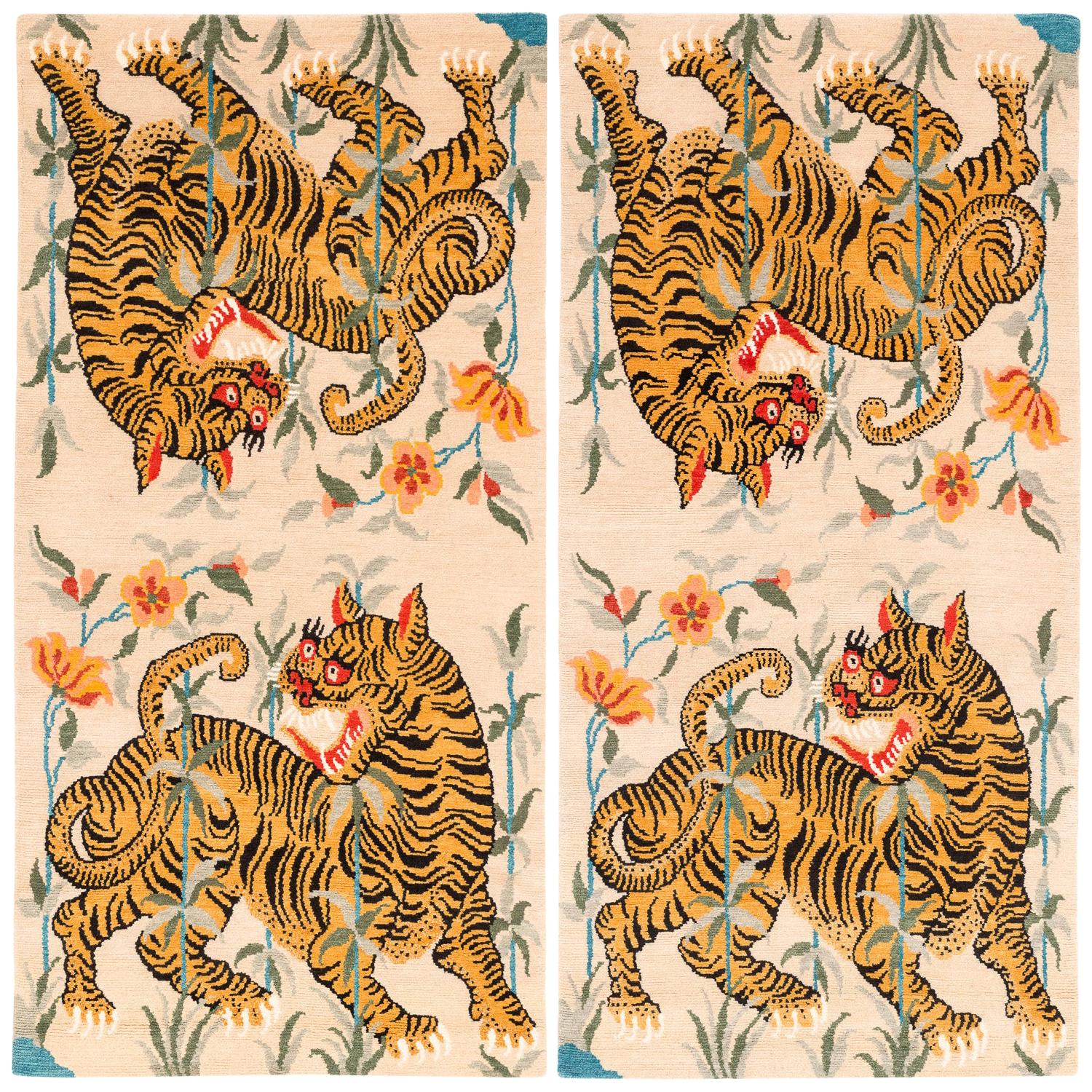 Pair of Handwoven Tibetan Wool Tiger Area Rug by Carini
