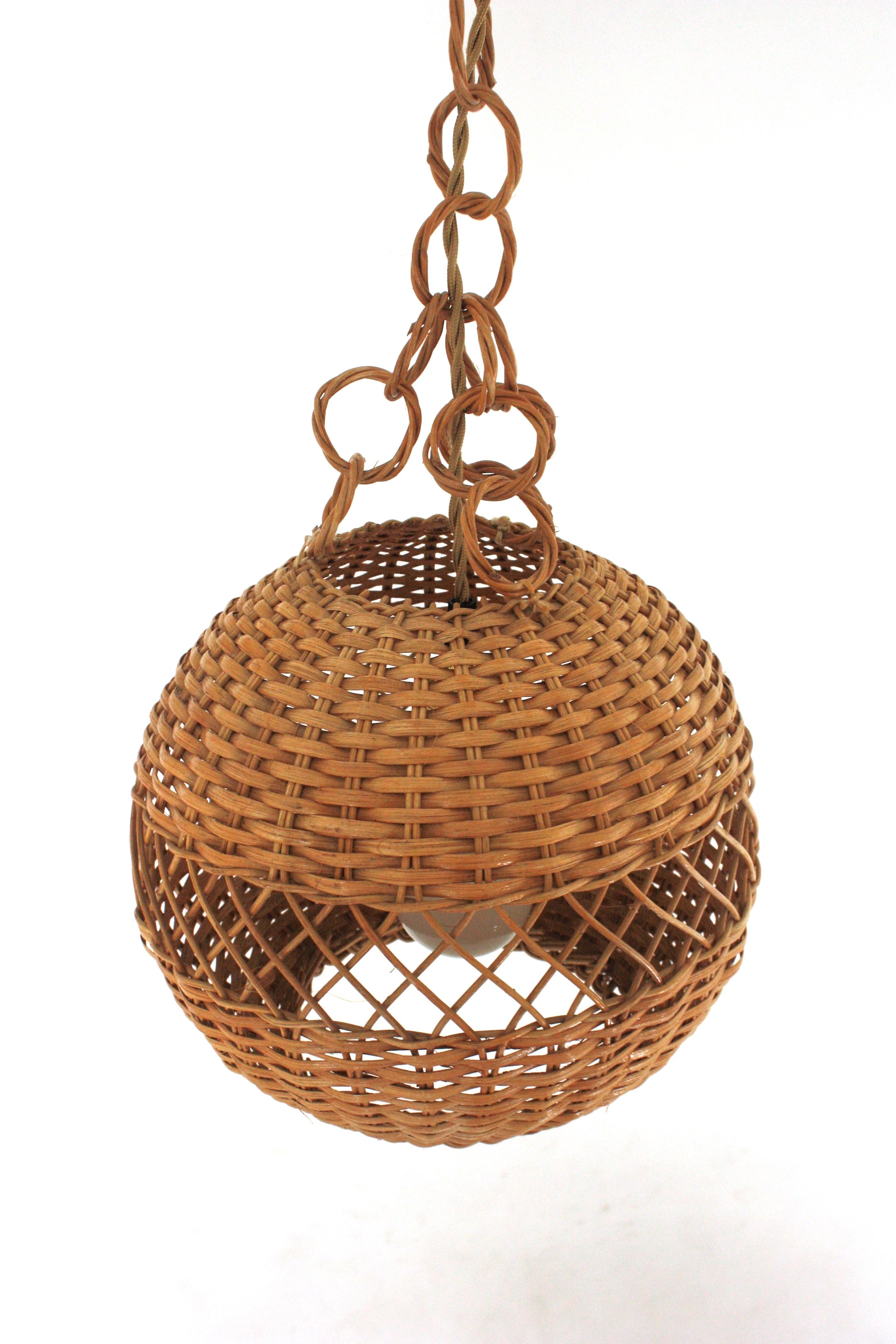 Pair of Handwoven Wicker Globe Pendant Lights or Lanterns For Sale 10