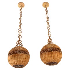 Pair of Handwoven Wicker Globe Pendant Lights or Lanterns
