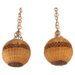 Pair of Handwoven Wicker Globe Pendant Lights or Lanterns