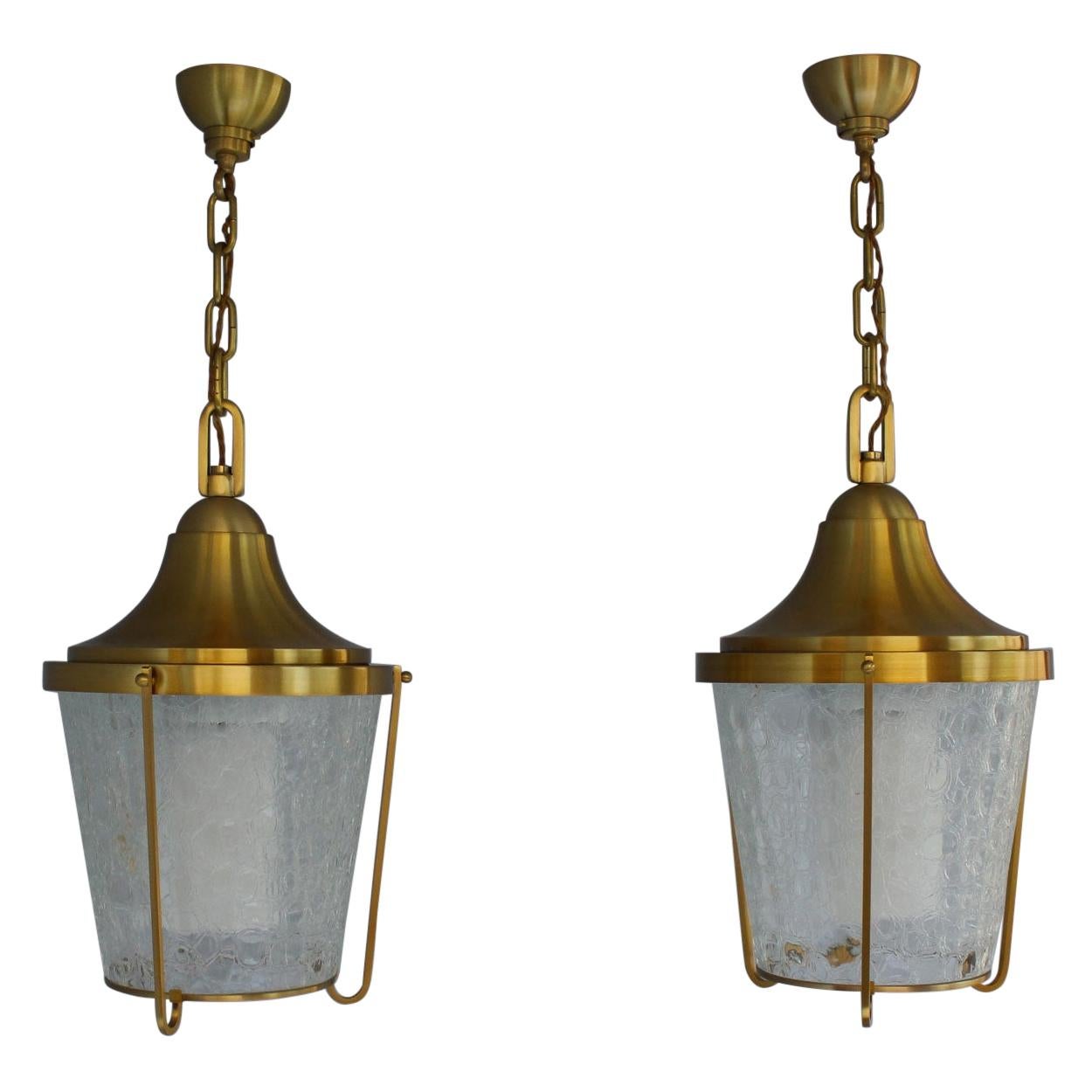 Pair of Hanging Bronze and "craquelé" Glass Lanterns by Jean Perzel For Sale
