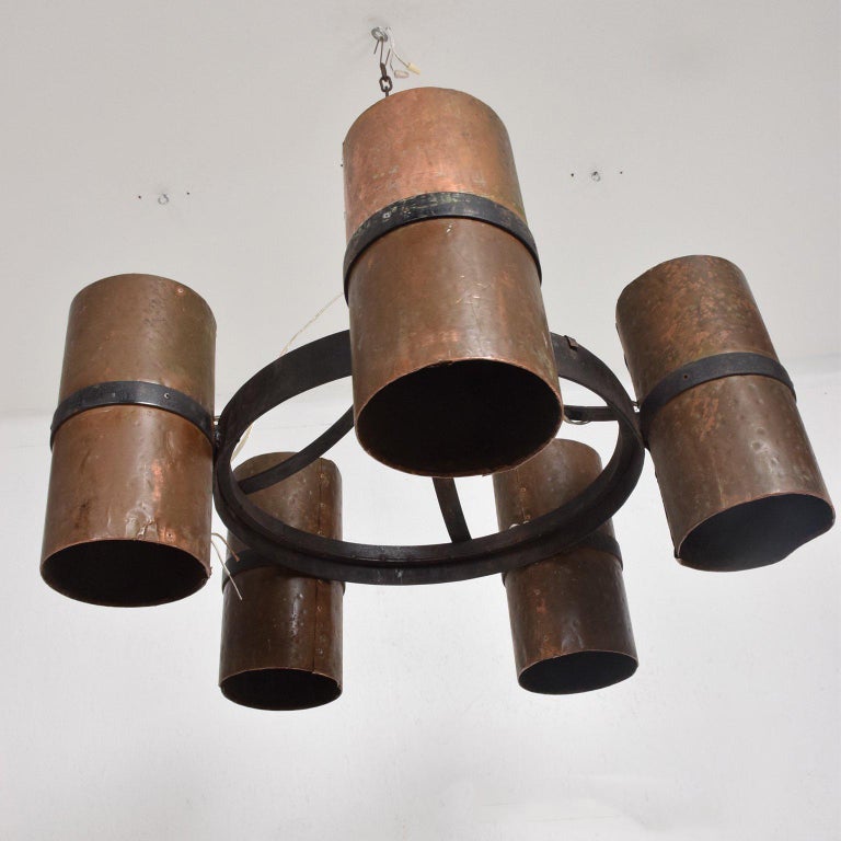 Pair of Hanging Light Fixtures Iron and Copper, Modernist Brutalist For