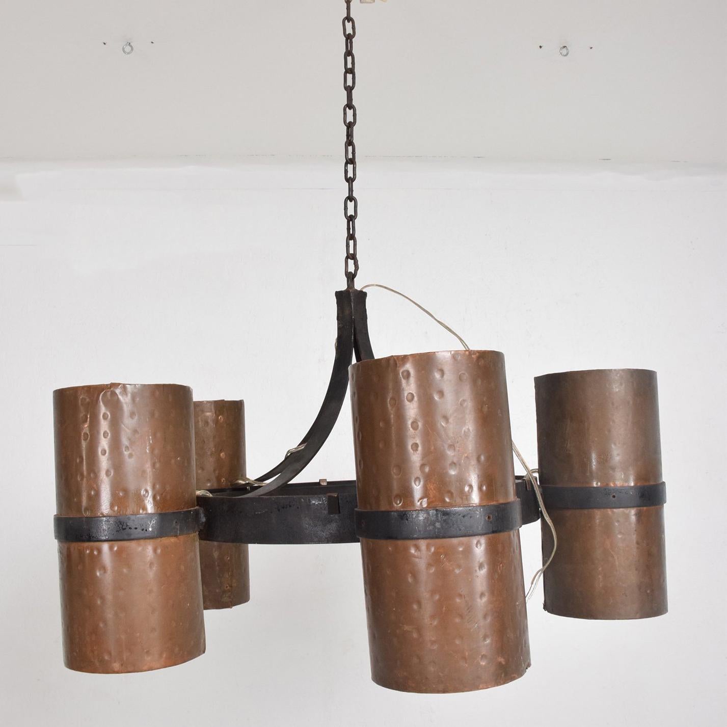 Mexican Pair of Hanging Light Fixtures Iron and Copper, Modernist Brutalist