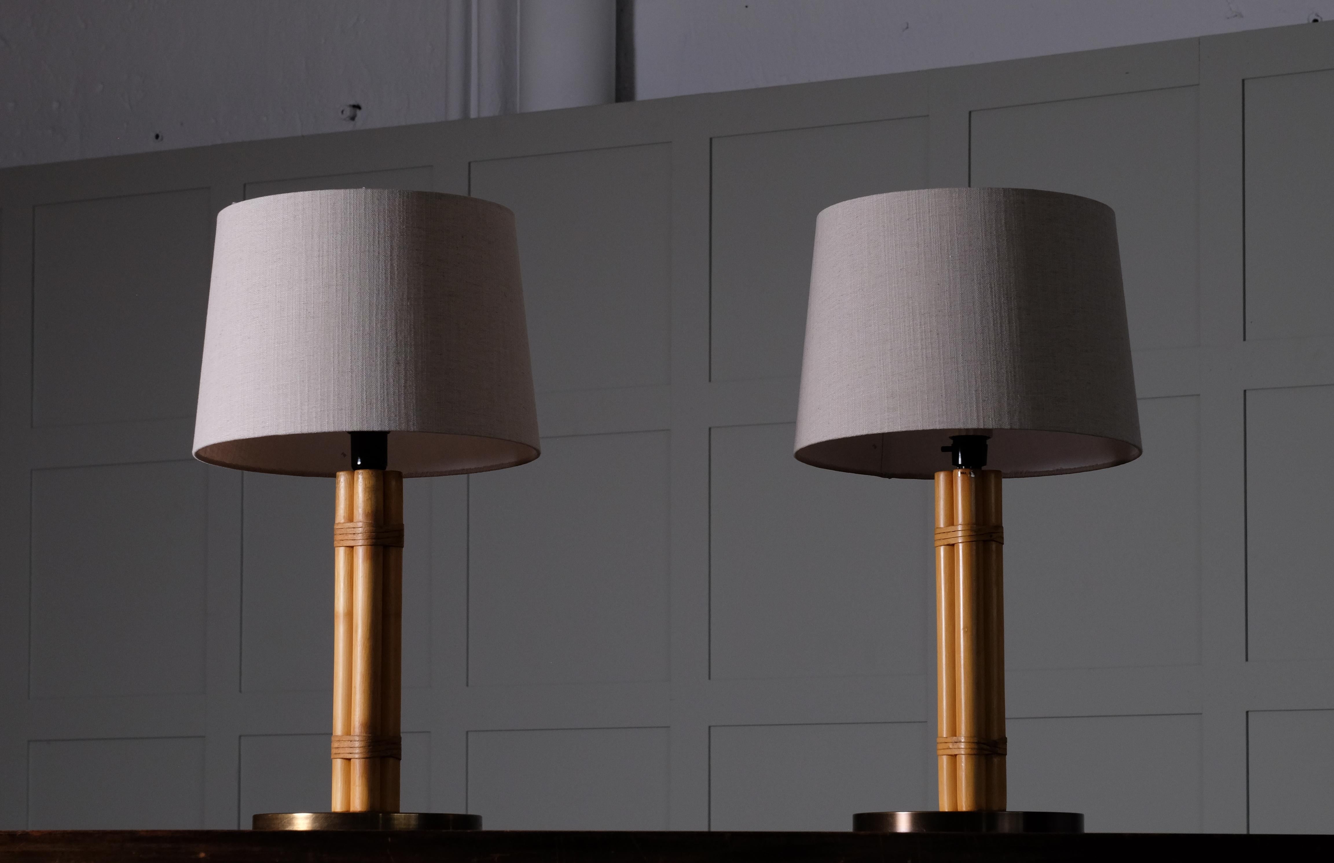 Swedish Pair of Hans-Agne Jakobsson Brass & Bamboo Table Lamps, 1970s For Sale