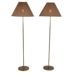 Pair of Hans-Agne Jakobsson Floor Lamp in Brass & Rattan, Markaryd Sweden 1970s
