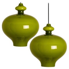 Vintage Pair of Hans-Agne Jakobsson for Staff Green Glass Pendant Lights, 1960