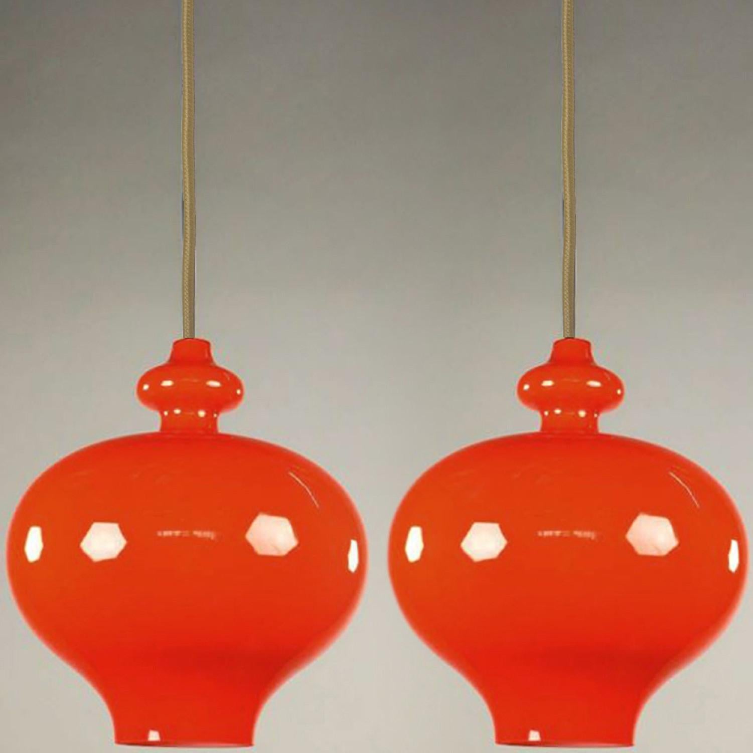Pair of Hans-Agne Jakobsson for Staff Orange Glass Pendant Lights, 1960 For Sale 1