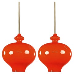 Pair of Hans-Agne Jakobsson for Staff Orange Glass Pendant Lights, 1960