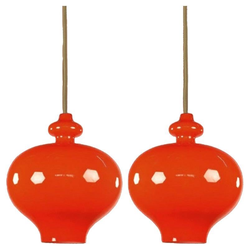 Pair of Hans-Agne Jakobsson for Staff Orange Glass Pendant Lights, 1960