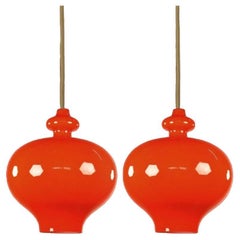 Pair of Hans-Agne Jakobsson for Staff Orange Glass Pendant Lights, 1960