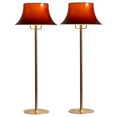 Pair of Hans Agne Jakobsson G 199 Floor Lamps in Brass and Brown Acrylic Shades