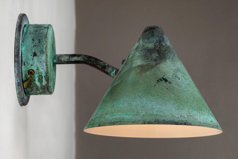 Swedish Pair of Hans-Agne Jakobsson 'Mini-Tratten' Verdigris Patinated Outdoor Sconces For Sale
