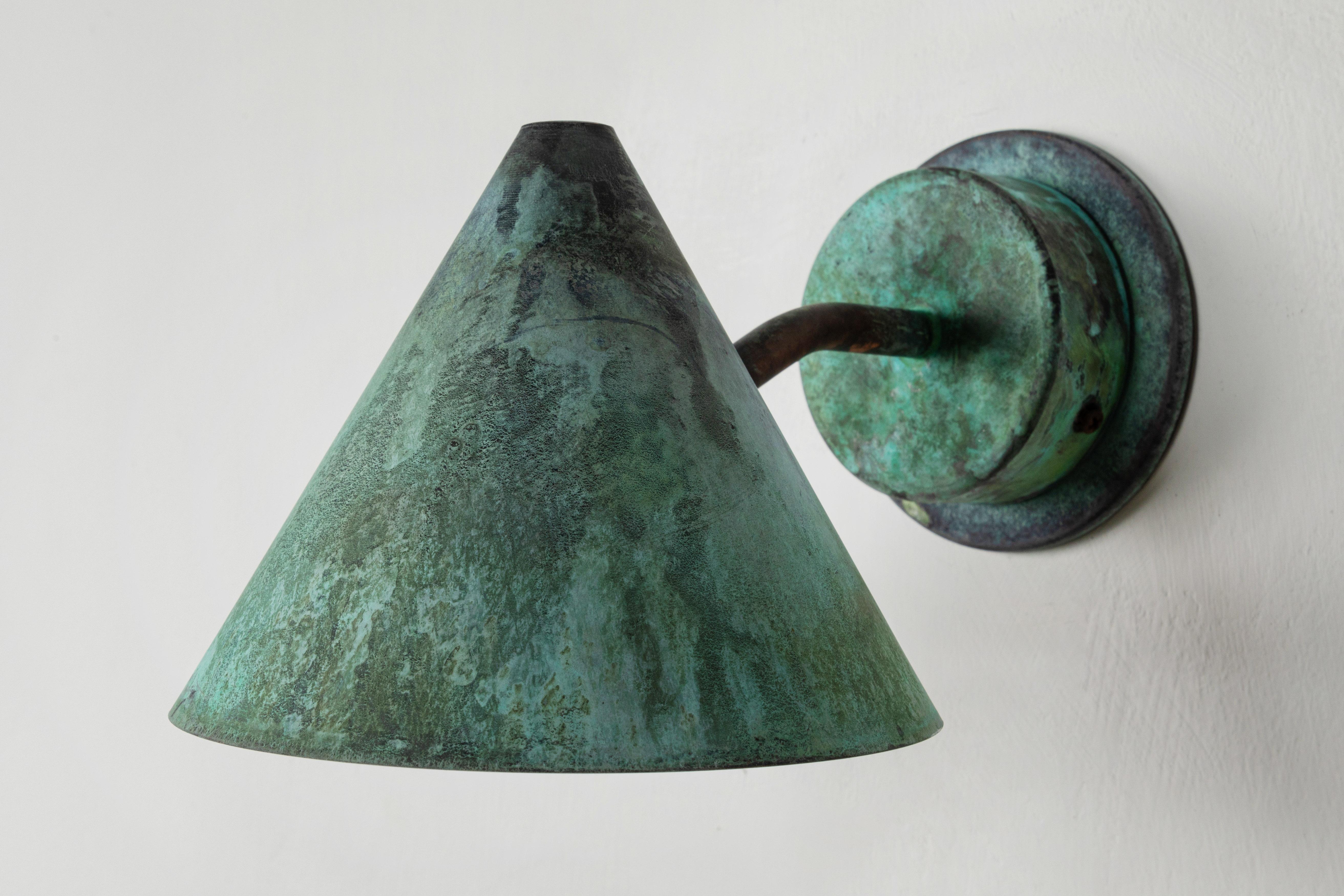 Pair of Hans-Agne Jakobsson 'Mini-Tratten' Verdigris Patinated Outdoor Sconces In New Condition For Sale In Glendale, CA