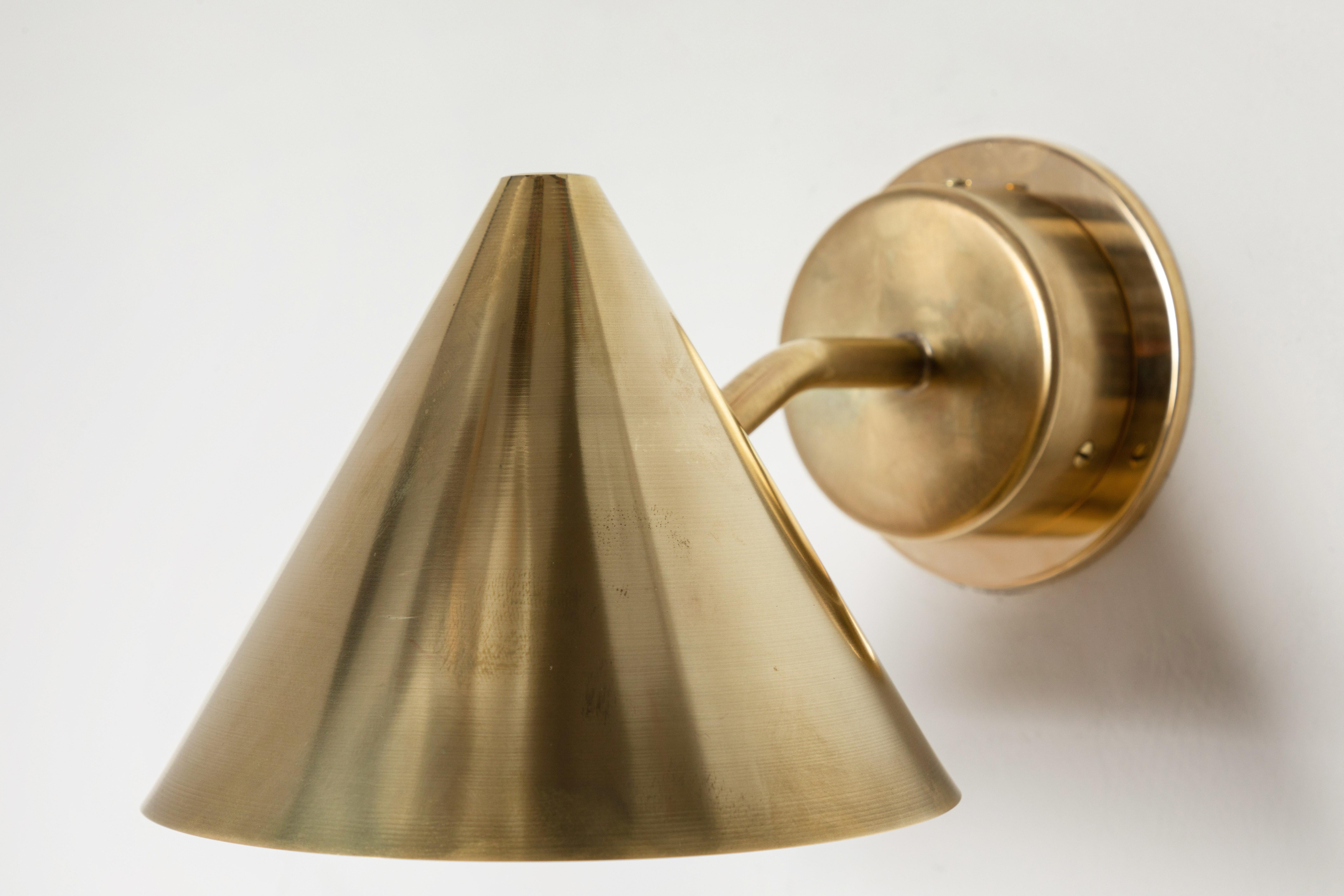 Contemporary Pair of Hans-Agne Jakobsson 'Mini-Tratten' Raw Brass Outdoor Sconces For Sale