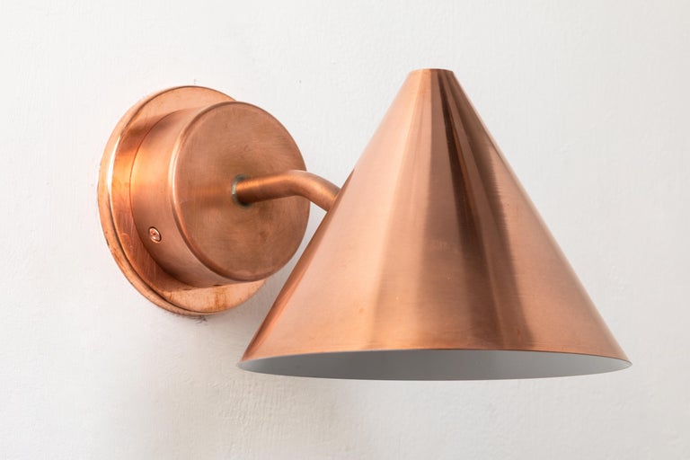 Patinated Pair of Hans-Agne Jakobsson 'Mini-Tratten' Polished Copper Outdoor Sconces For Sale