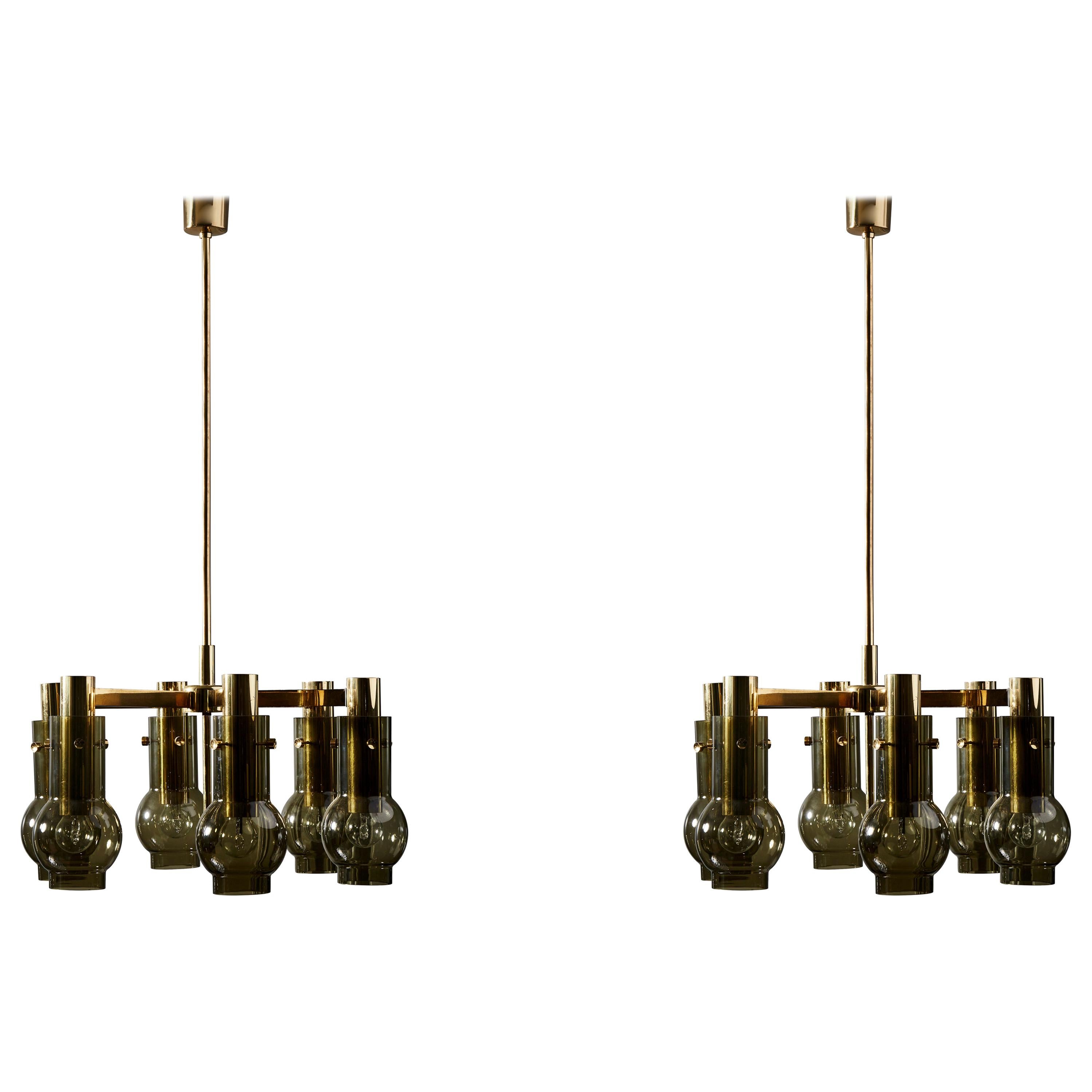 Pair of Hans Agne Jakobsson Six Arms Chandeliers with Smoke Grey Glass Shades