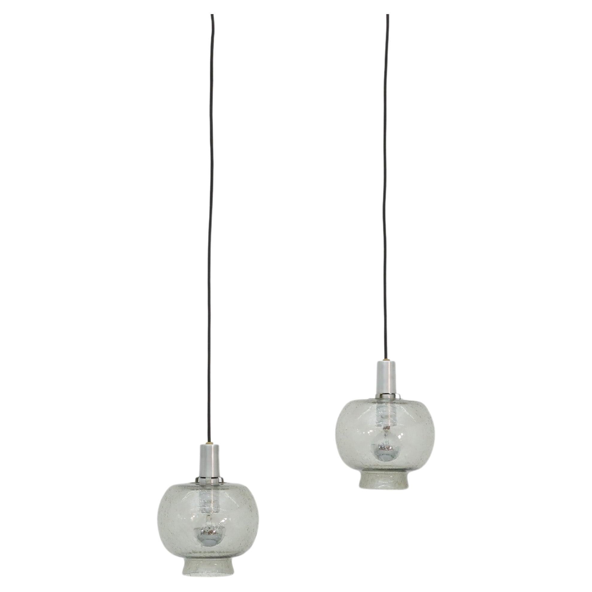 Pair of Hans Agne Jakobsson Style Smoked Blown Glass Ceiling Pendants For Sale