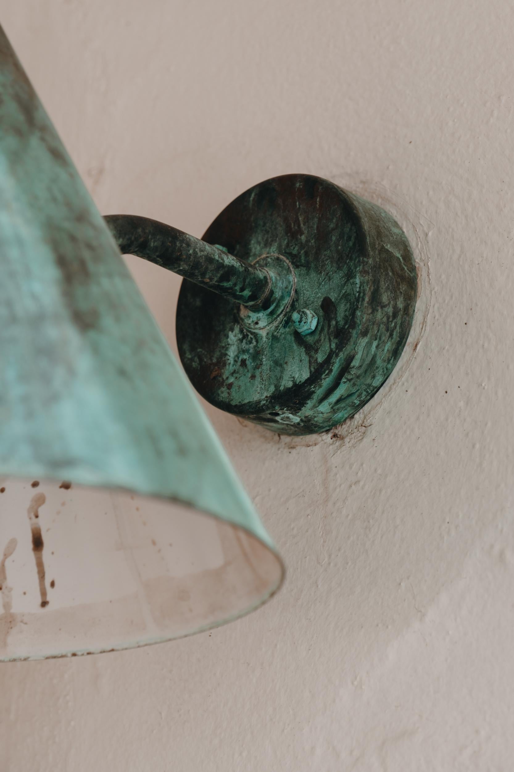 Swedish Pair of Hans-Agne Jakobsson 'Tratten' Verdigris Patinated Outdoor Sconces For Sale