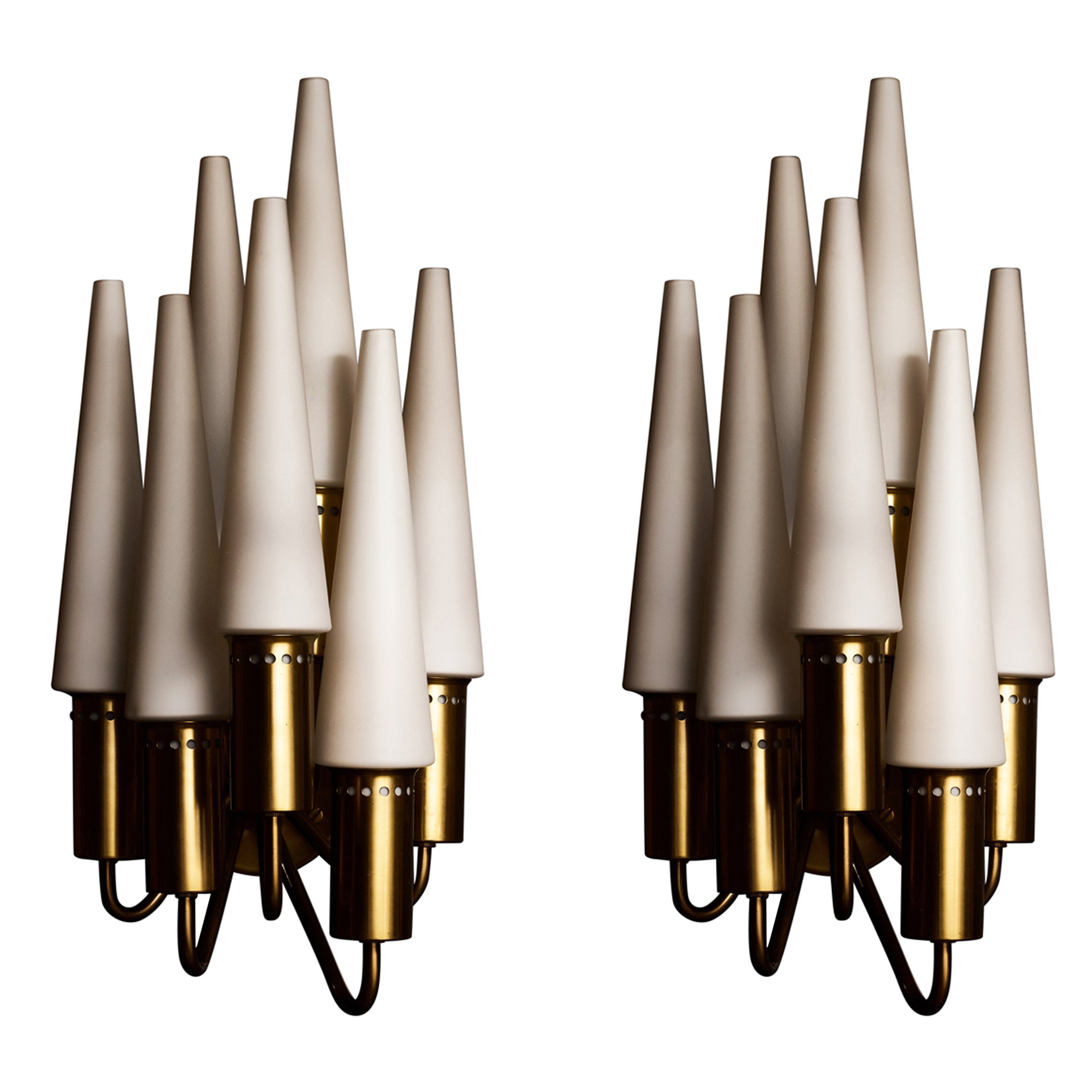 Pair of Hans Agne Jakobsson V 149/7 Brass and Opaline Glass Wall Sconces