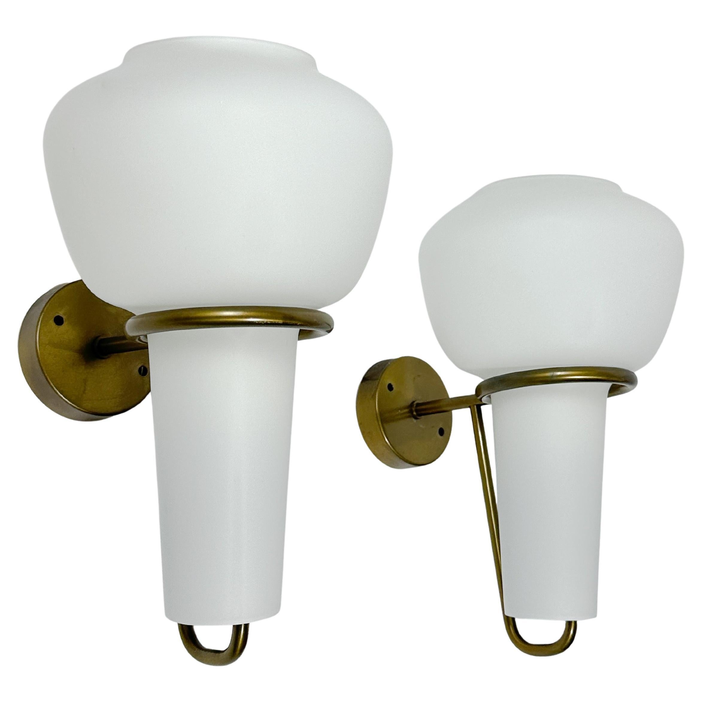Pair of Hans Agne Jakobsson Wall Lamps Brass Opaline Glass Sconces Swedish 50s