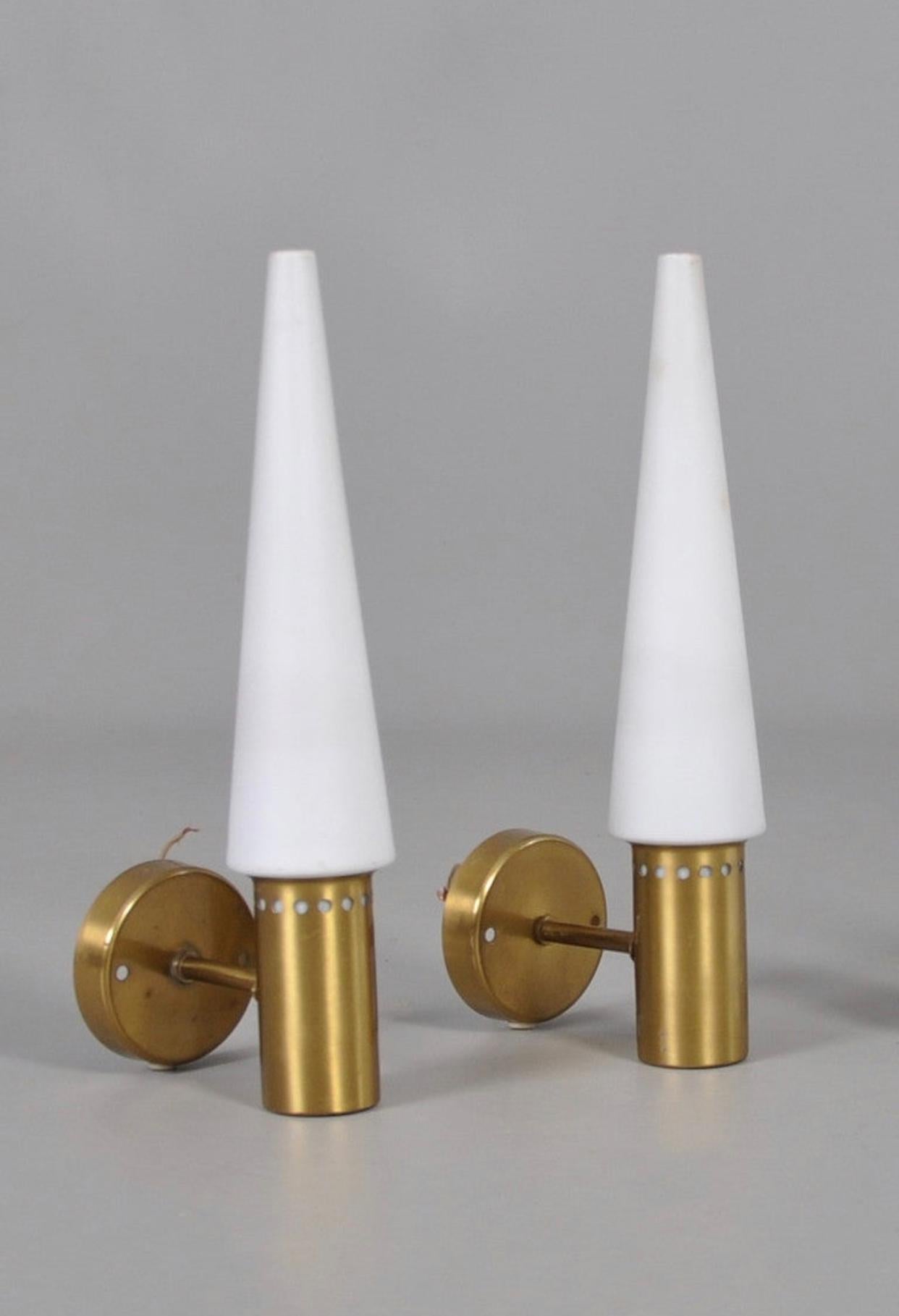 Scandinavian Modern Pair of Hans-Agne Jakobsson White Glass Cone and Brass Wall Sconces