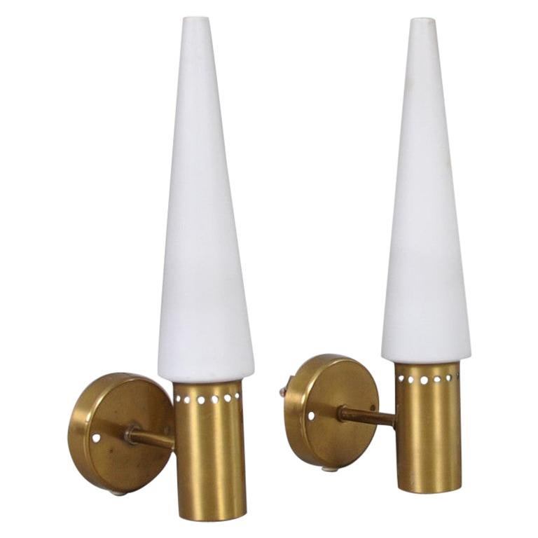 Pair of Hans-Agne Jakobsson White Glass Cone and Brass Wall Sconces