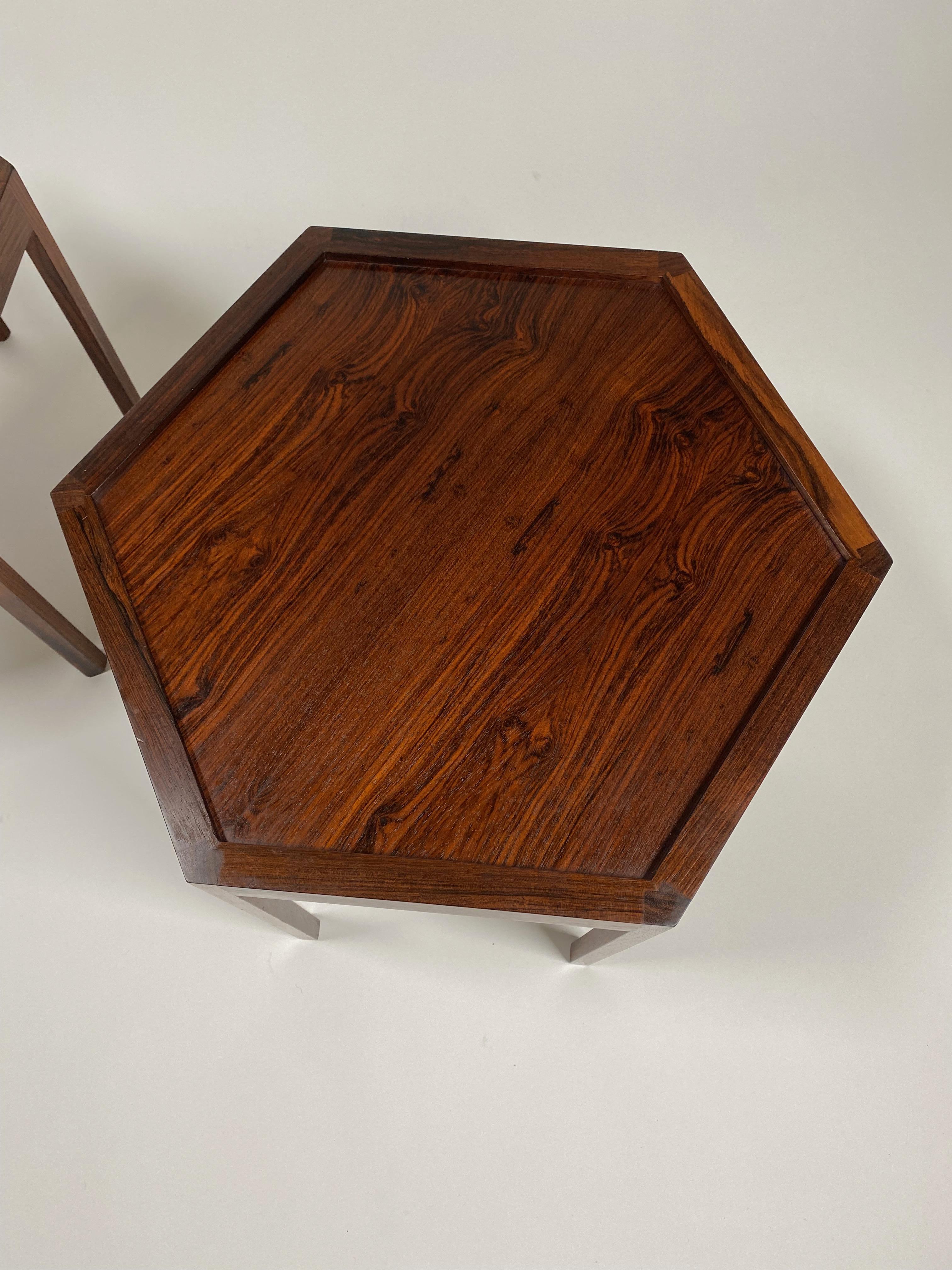 Scandinavian Modern Pair of Hans Andersen Hexagon Stackable Rosewood Side Tables for Artex  Denmark