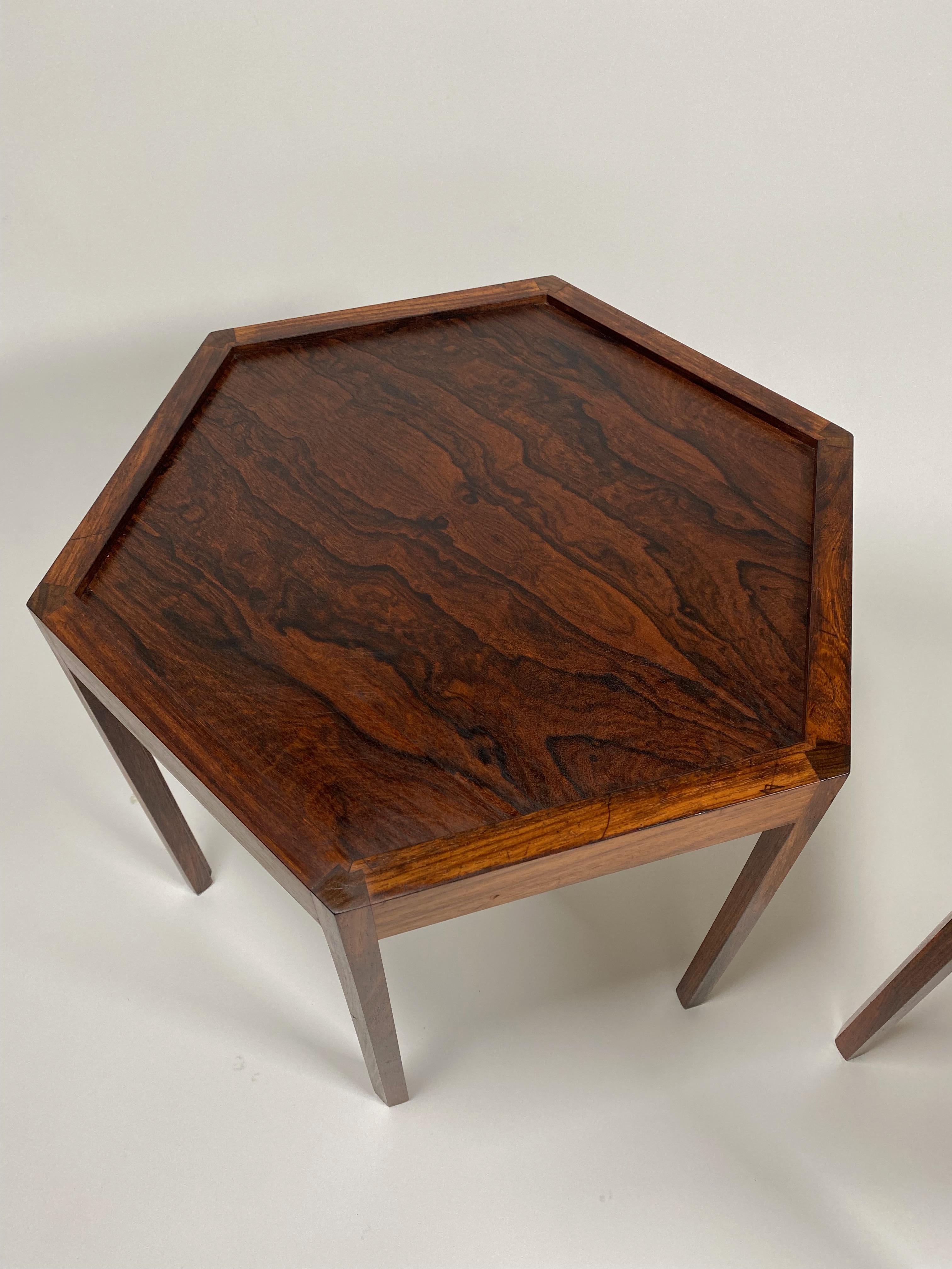 Danish Pair of Hans Andersen Hexagon Stackable Rosewood Side Tables for Artex  Denmark
