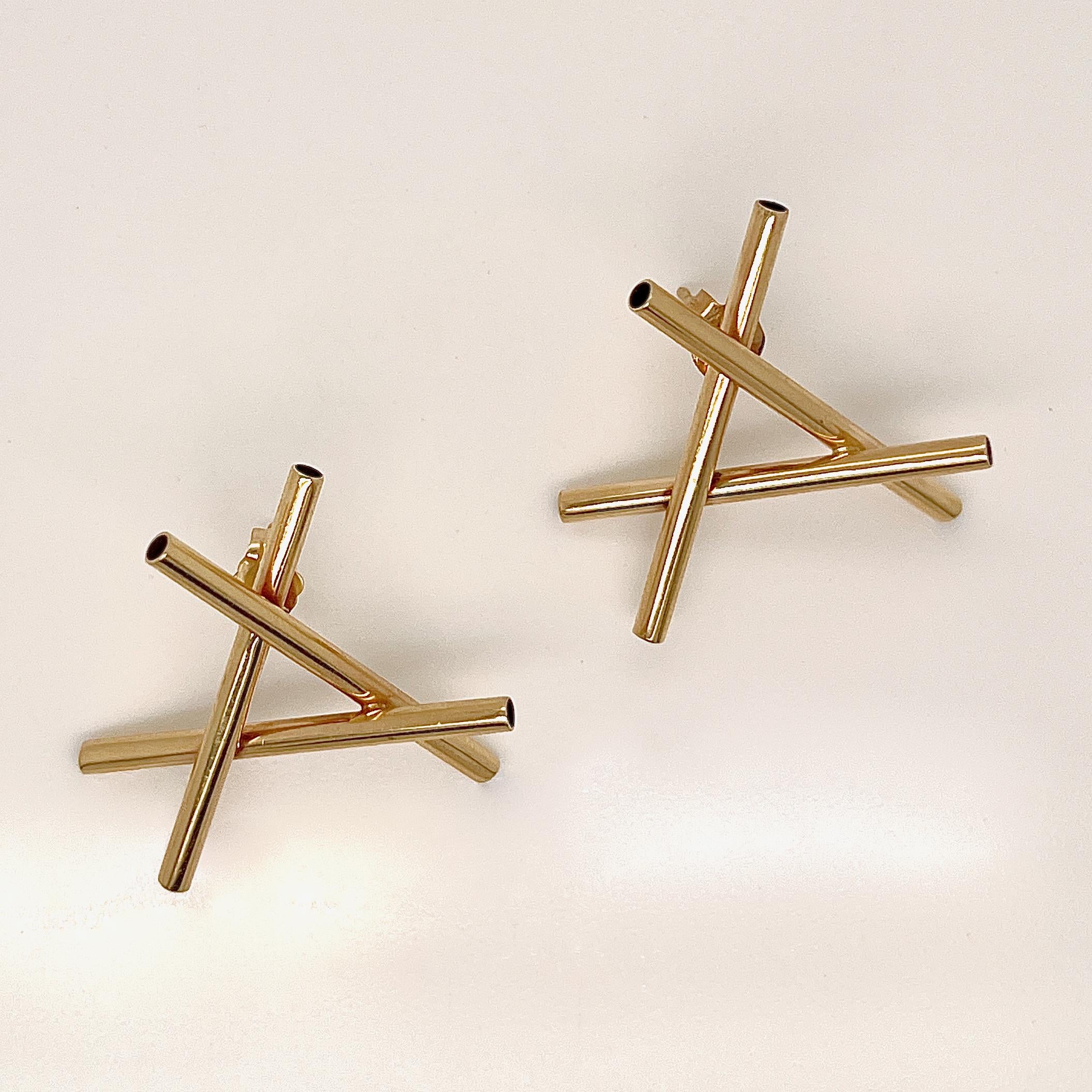 Pair of Hans Appenzeller Dutch Modernist 14K Gold Geometric Earrings For Sale 1
