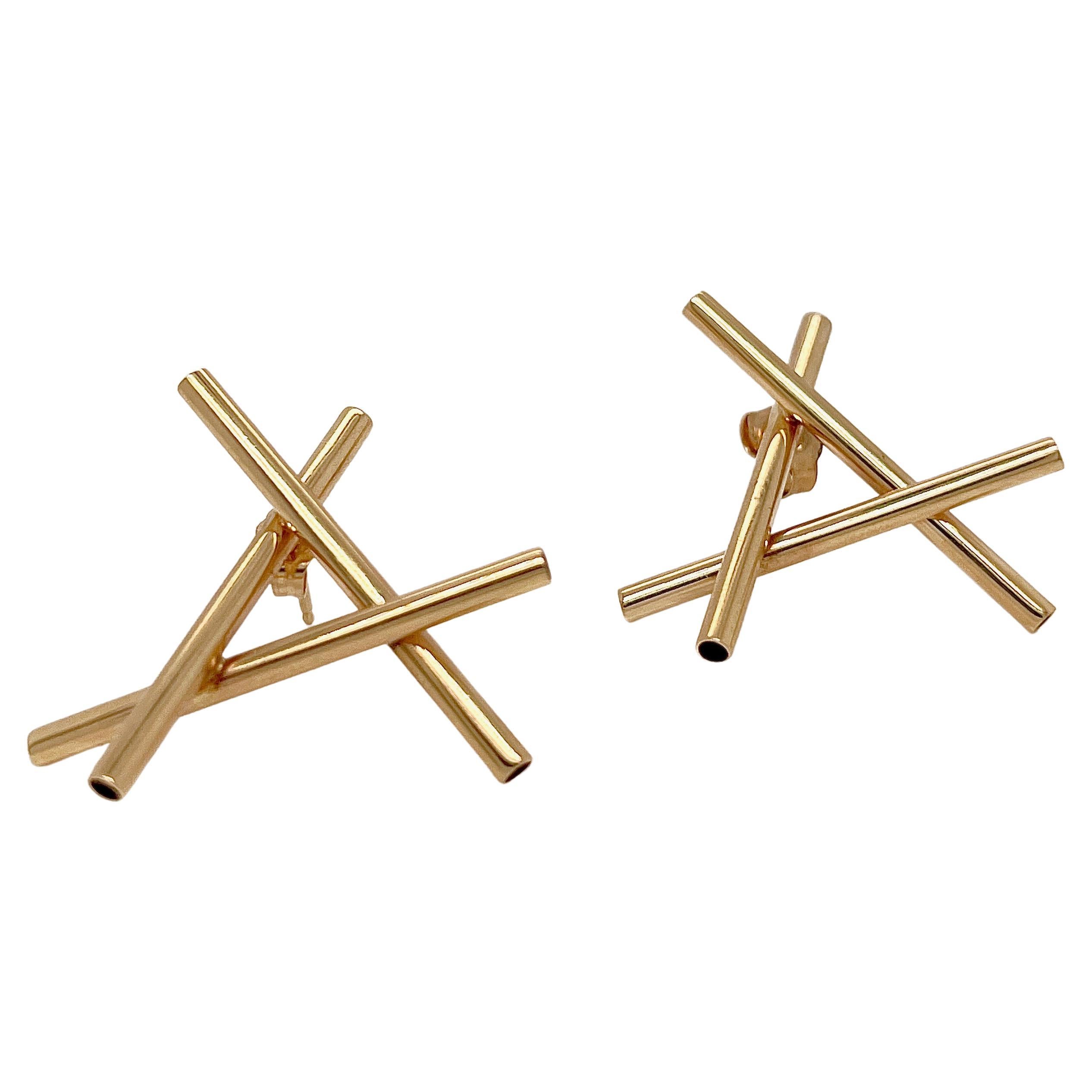 Pair of Hans Appenzeller Dutch Modernist 14K Gold Geometric Earrings For Sale