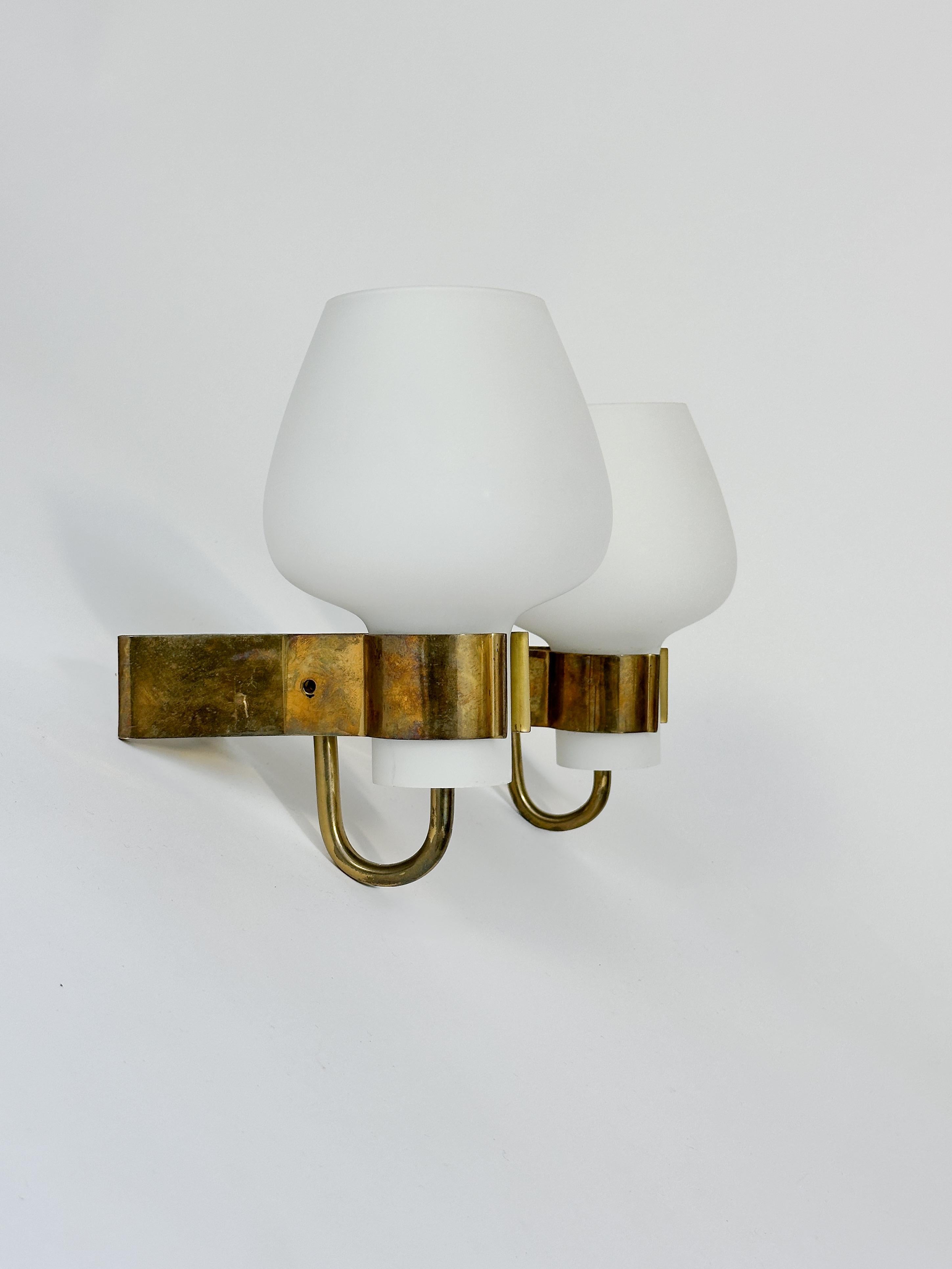 Mid-Century Modern Pair of Hans Bergström Sconces Wall Lamps Brass Opaline Glass Atelje Lyktan