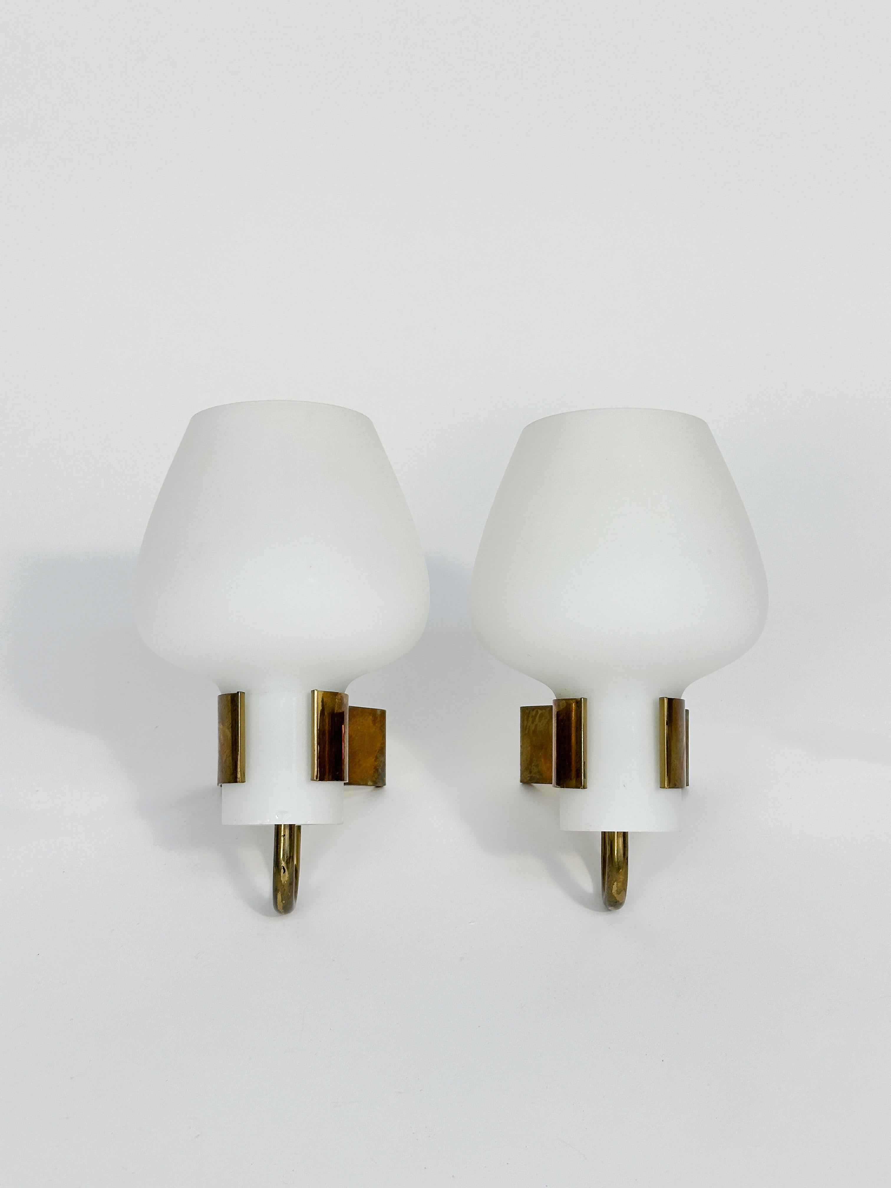 Swedish Pair of Hans Bergström Sconces Wall Lamps Brass Opaline Glass Atelje Lyktan