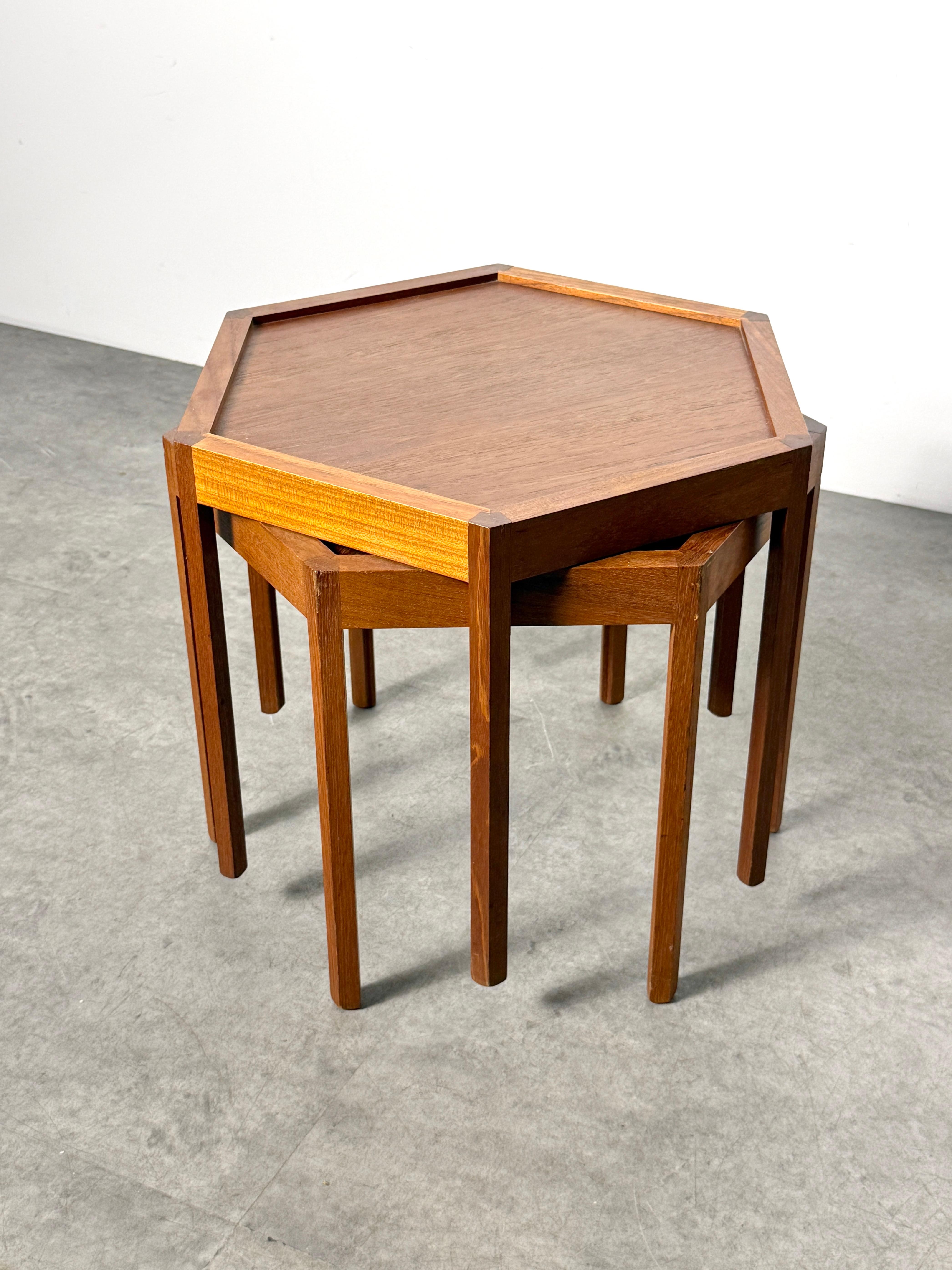 Mid-20th Century Pair of Hans C Andersen Teak Hexagonal Stacking Side or End Tables Denmark 1960s For Sale