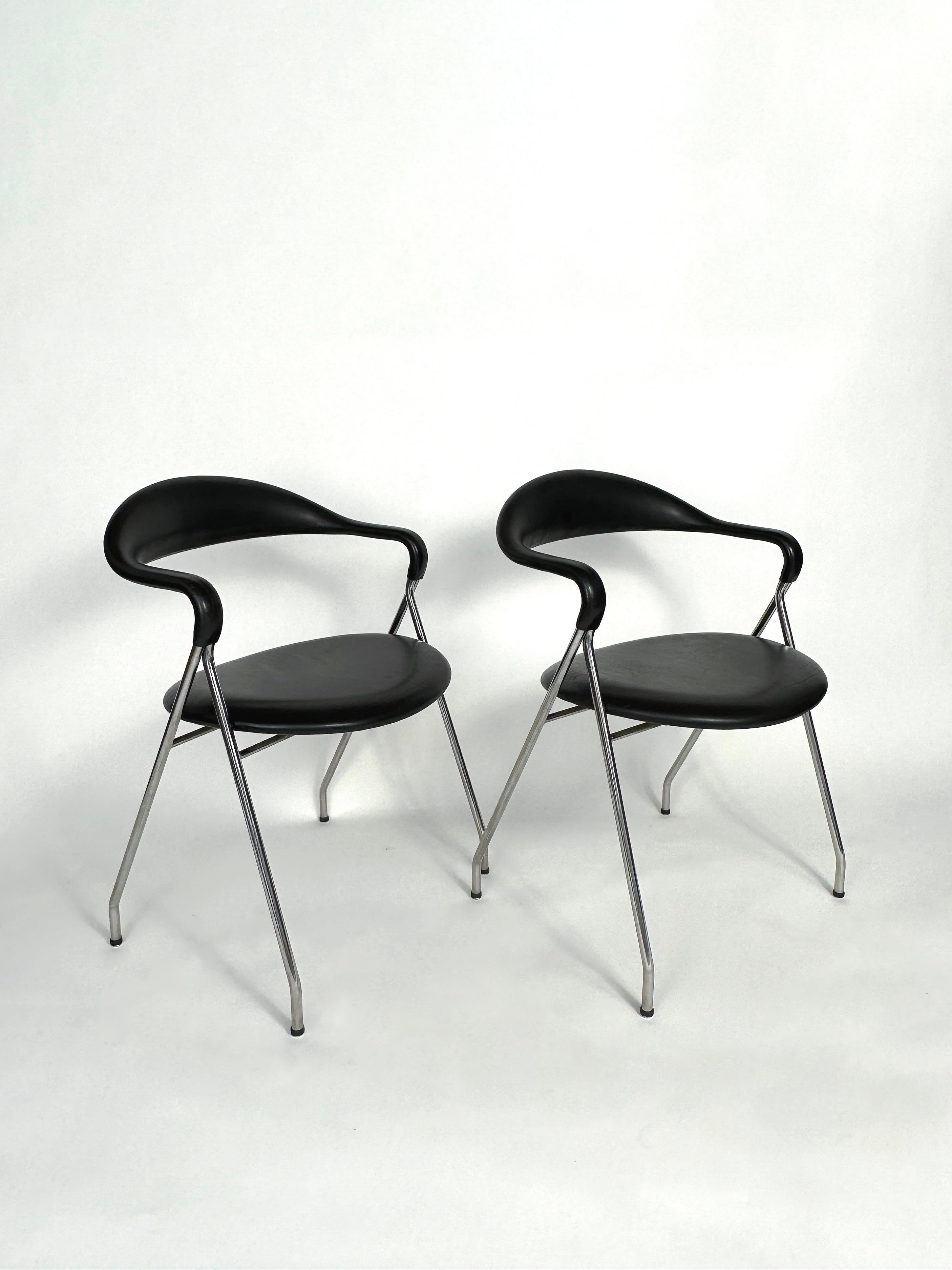 Stainless Steel Pair of Hans Eichenberger Saffa Chairs Black Leather Dietiker Switzerland 1970s For Sale